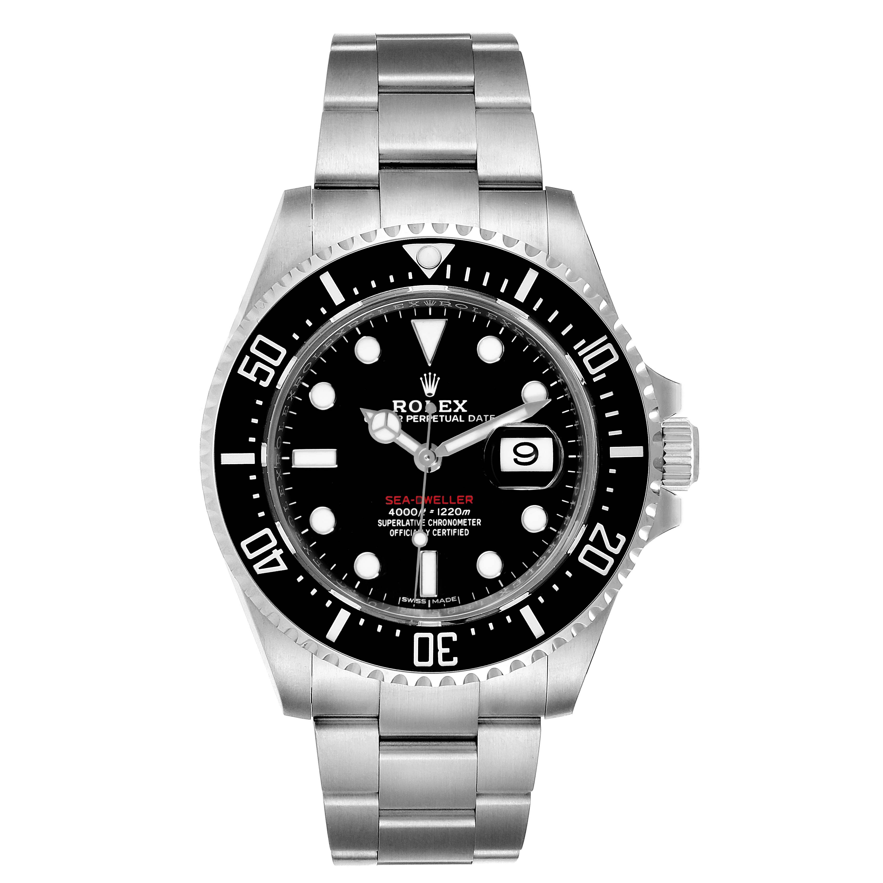The image shows a front view of the Rolex Sea-Dweller 126600 Men
s Stainless Steel Black Dial 126600 Men
s Stainless Steel Black Dial watch, showcasing its dial, bezel, and bracelet.