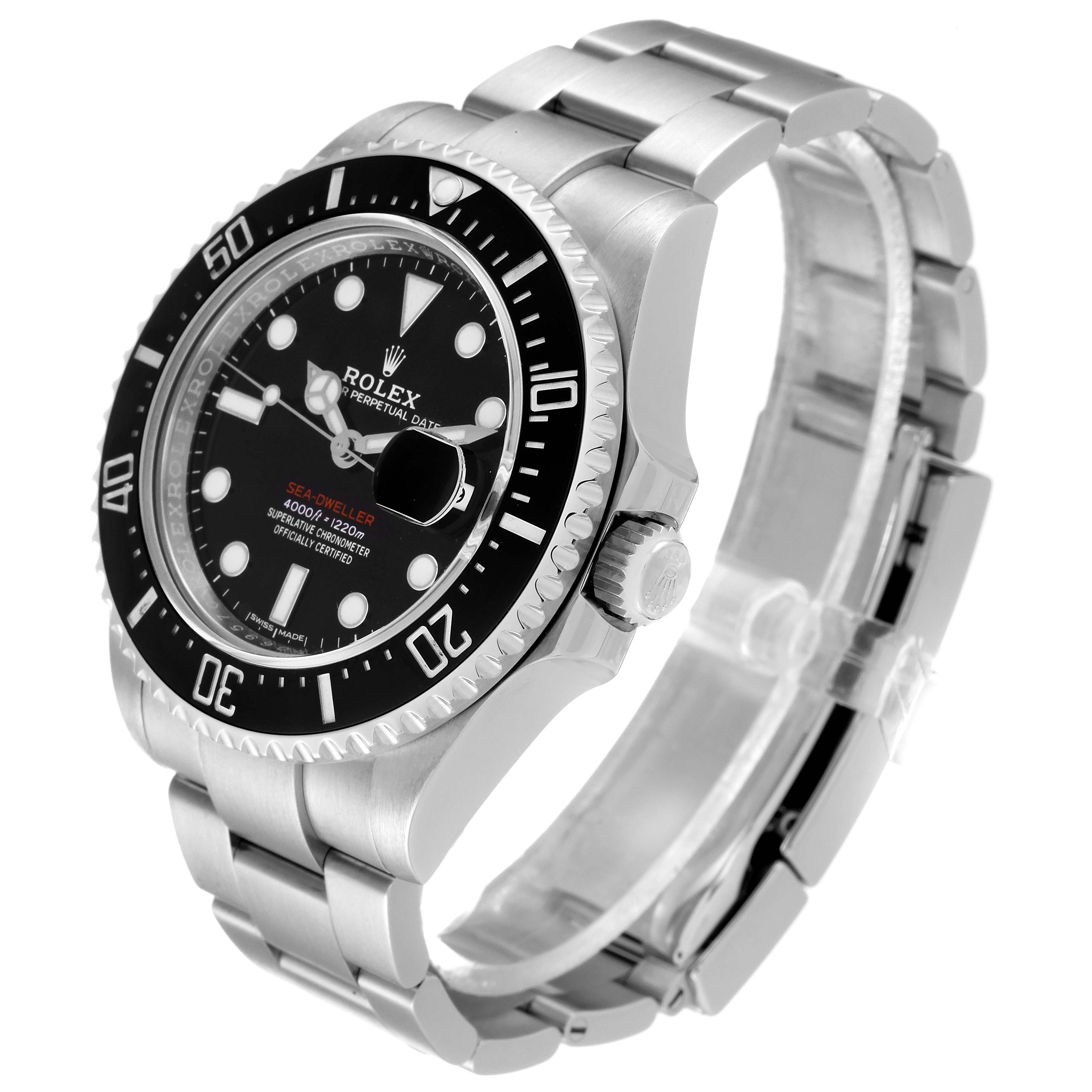 The Rolex Sea-Dweller 126600 Men
s Stainless Steel Black Dial 126600 Men
s Stainless Steel Black Dial watch is shown at an angle highlighting the face, bezel, crown, and bracelet.
