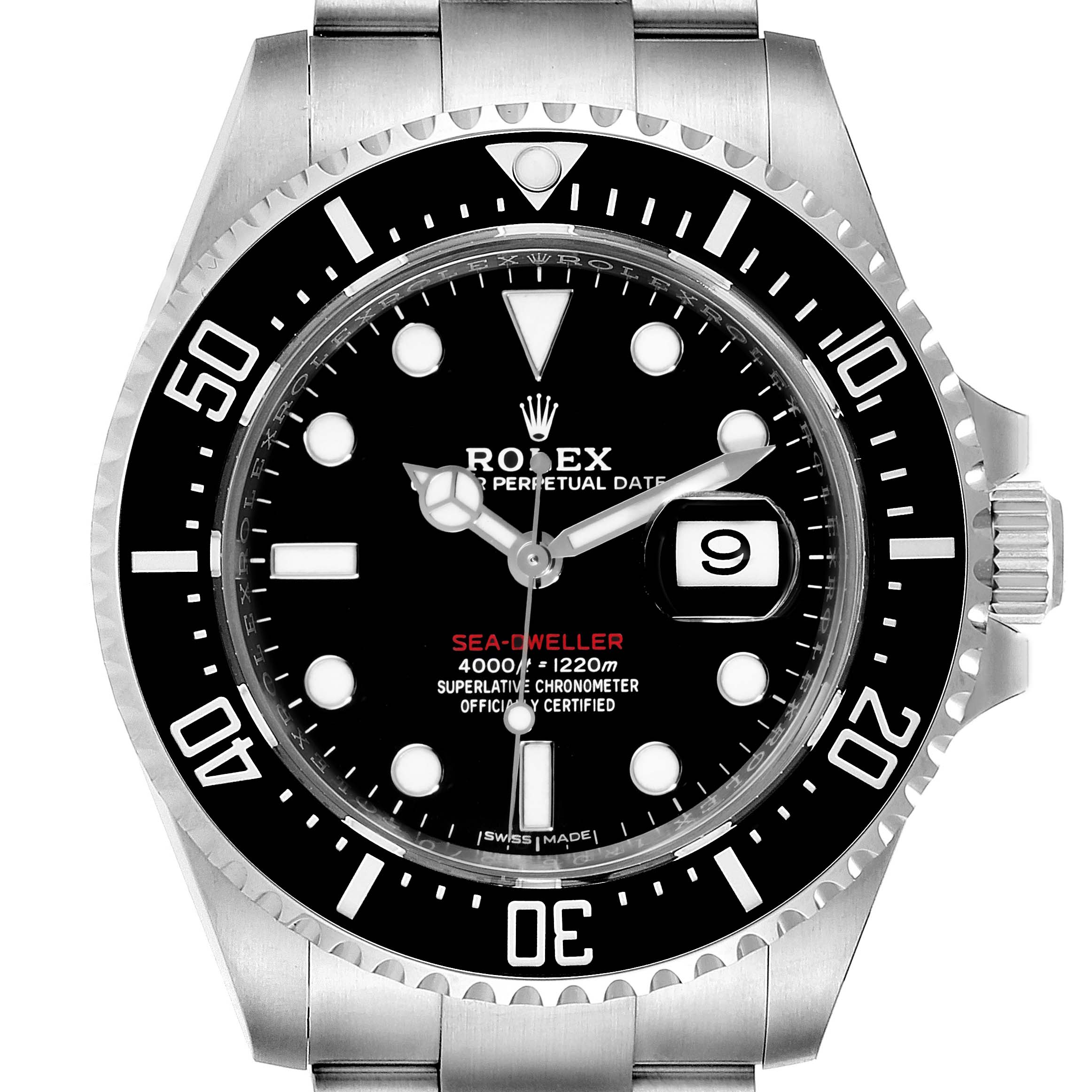 The image shows a front view of the Rolex Sea-Dweller 126600 Men
s Stainless Steel Black Dial 126600 Men
s Stainless Steel Black Dial watch, including its dial, bezel, and part of the bracelet.