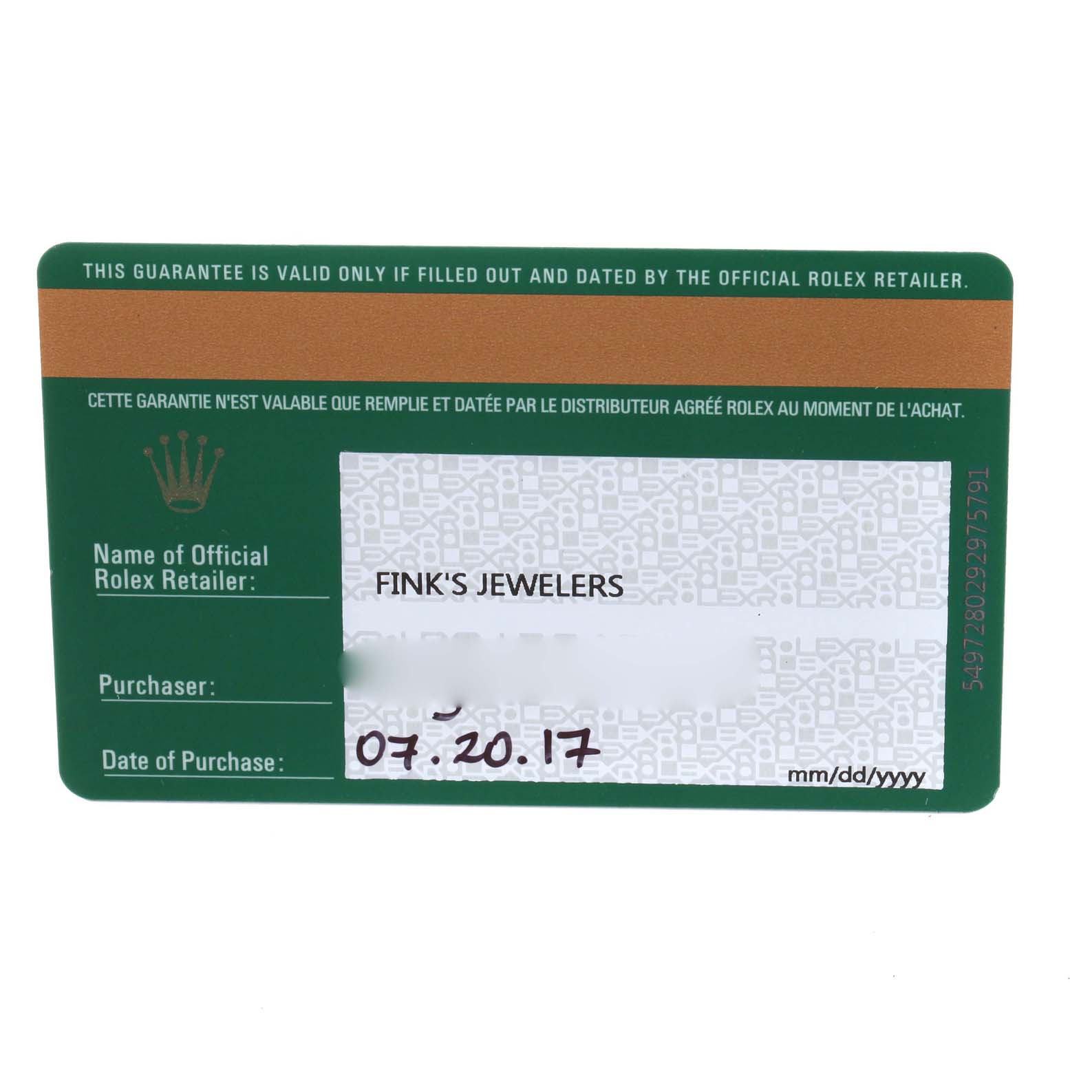 This is an official warranty card for the Rolex Sea-Dweller 126600 Men
s Stainless Steel Black Dial 126600 Men
s Stainless Steel Black Dial model, showing the retailer, purchaser, and date of purchase.