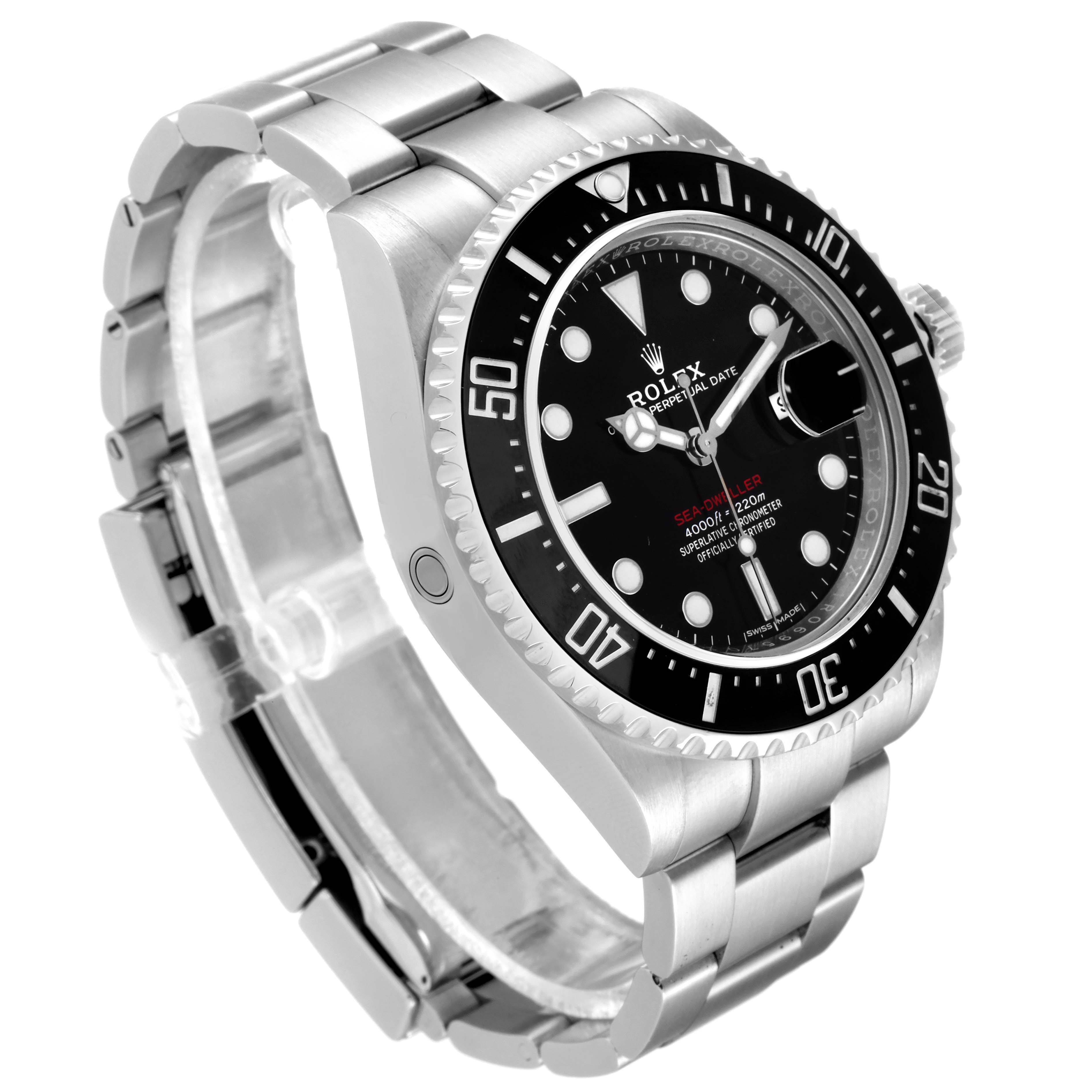 This image shows a Rolex Sea-Dweller 126600 Men
s Stainless Steel Black Dial 126600 Men
s Stainless Steel Black Dial watch from an angled view focusing on its bezel, dial, and stainless steel bracelet.
