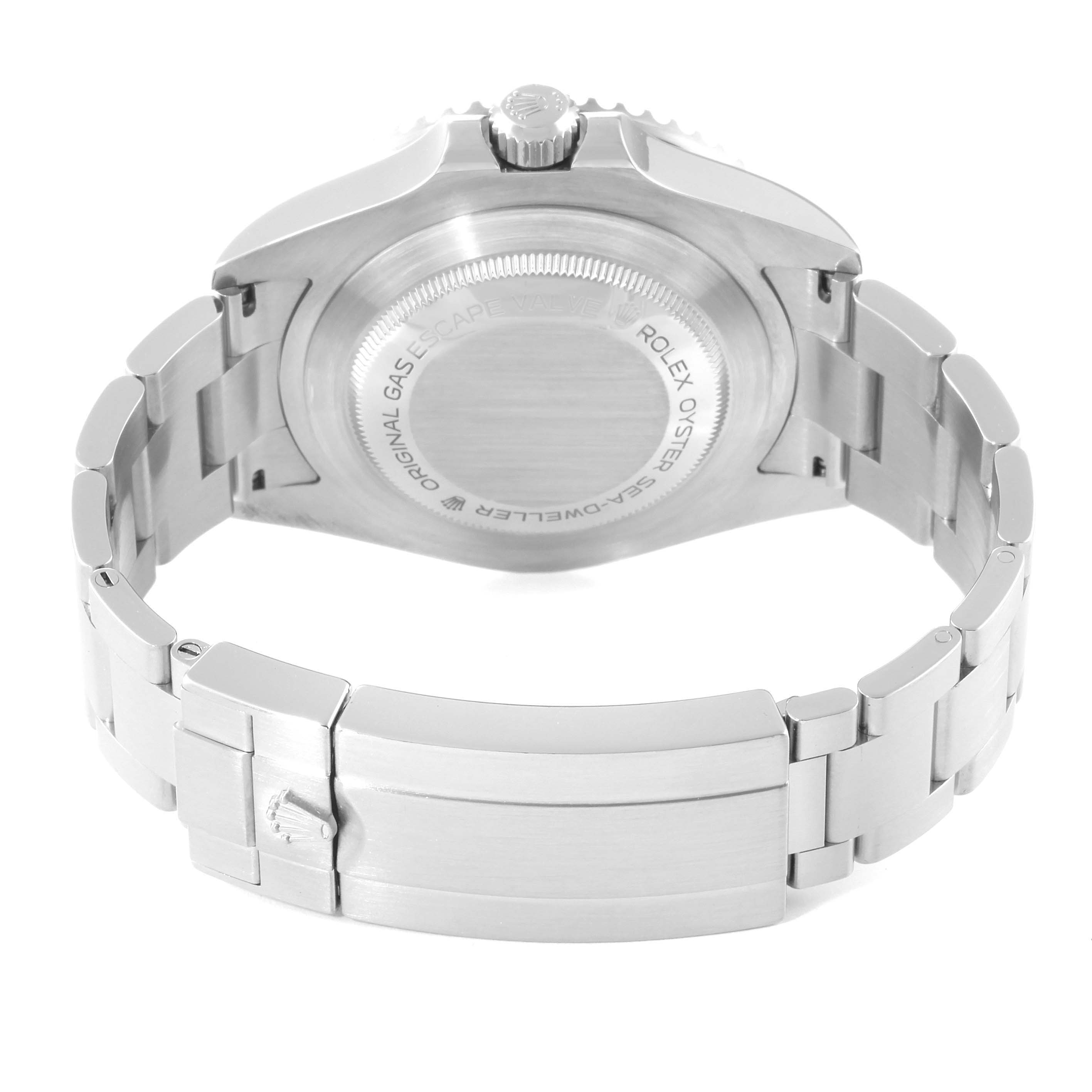 This image shows the back view of a Rolex Sea-Dweller 126600 Men
s Stainless Steel Black Dial 126600 Men
s Stainless Steel Black Dial watch, highlighting its case back, crown, and bracelet.