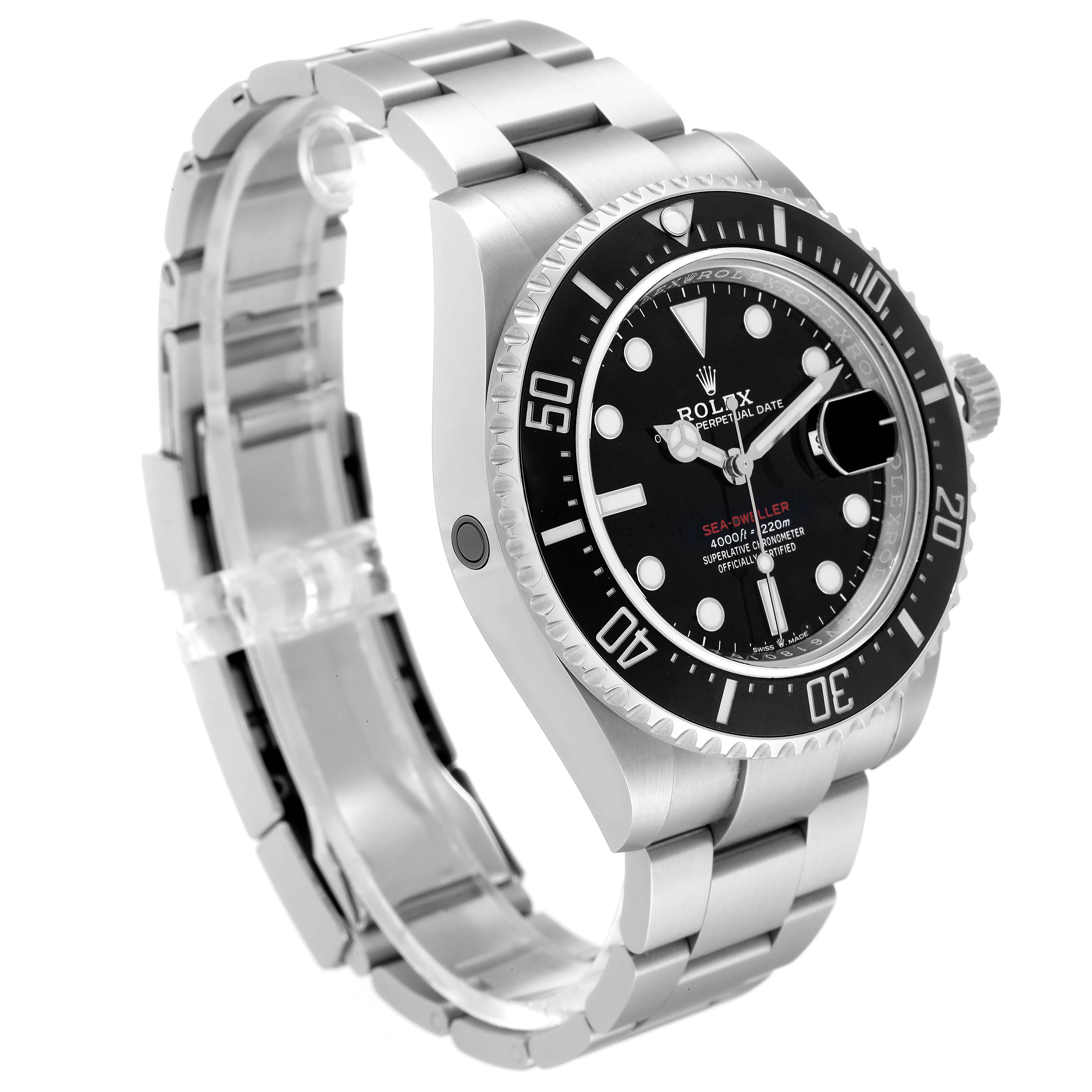 The image shows a Rolex Sea-Dweller 126600 Men's Stainless Steel Black Dial 126600 Men's Stainless Steel Black Dial watch from an angled side view, highlighting the bezel, dial, and bracelet.