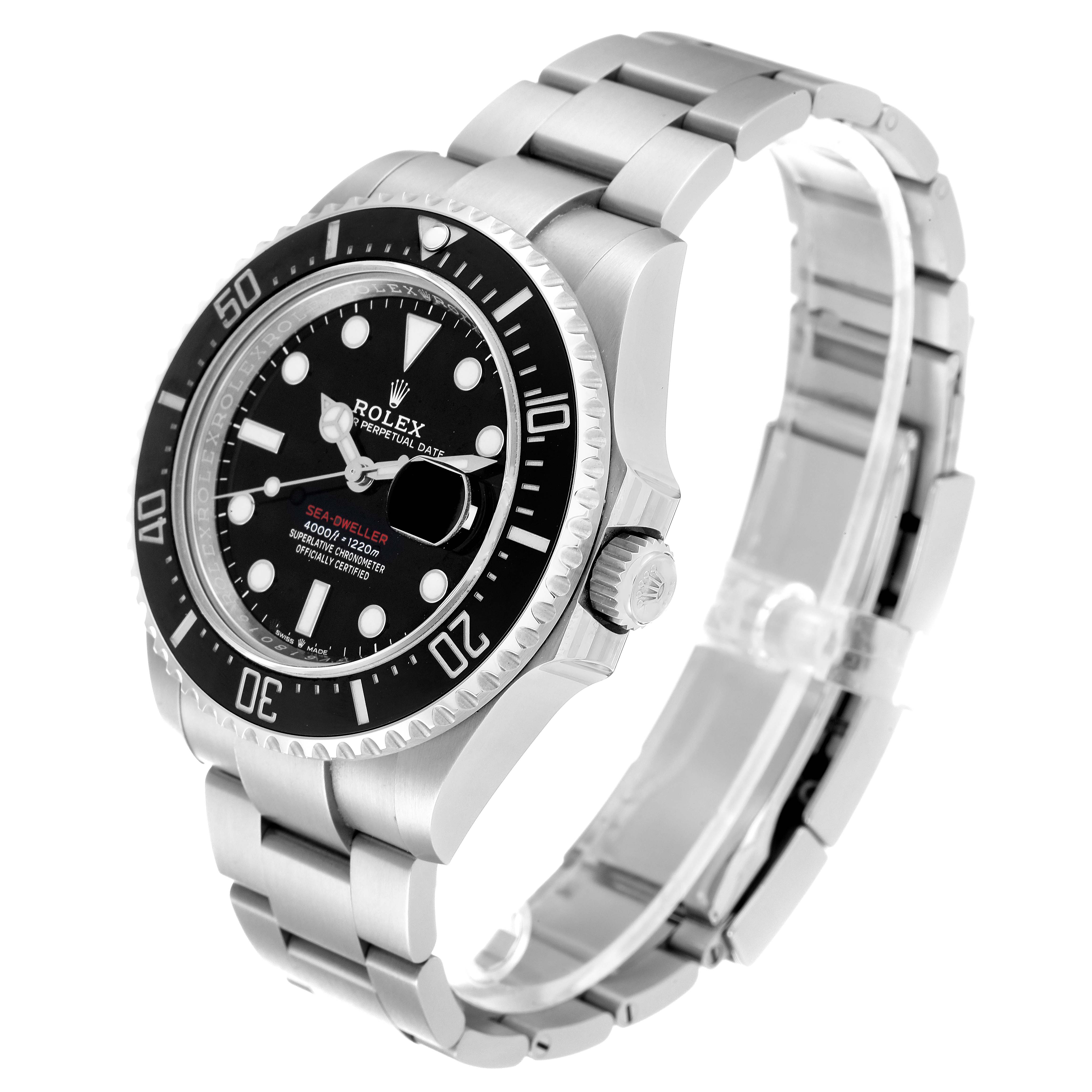 The Rolex Sea-Dweller 126600 Men's Stainless Steel Black Dial 126600 Men's Stainless Steel Black Dial watch is shown at a three-quarter angle, highlighting the face, bezel, crown, and bracelet.