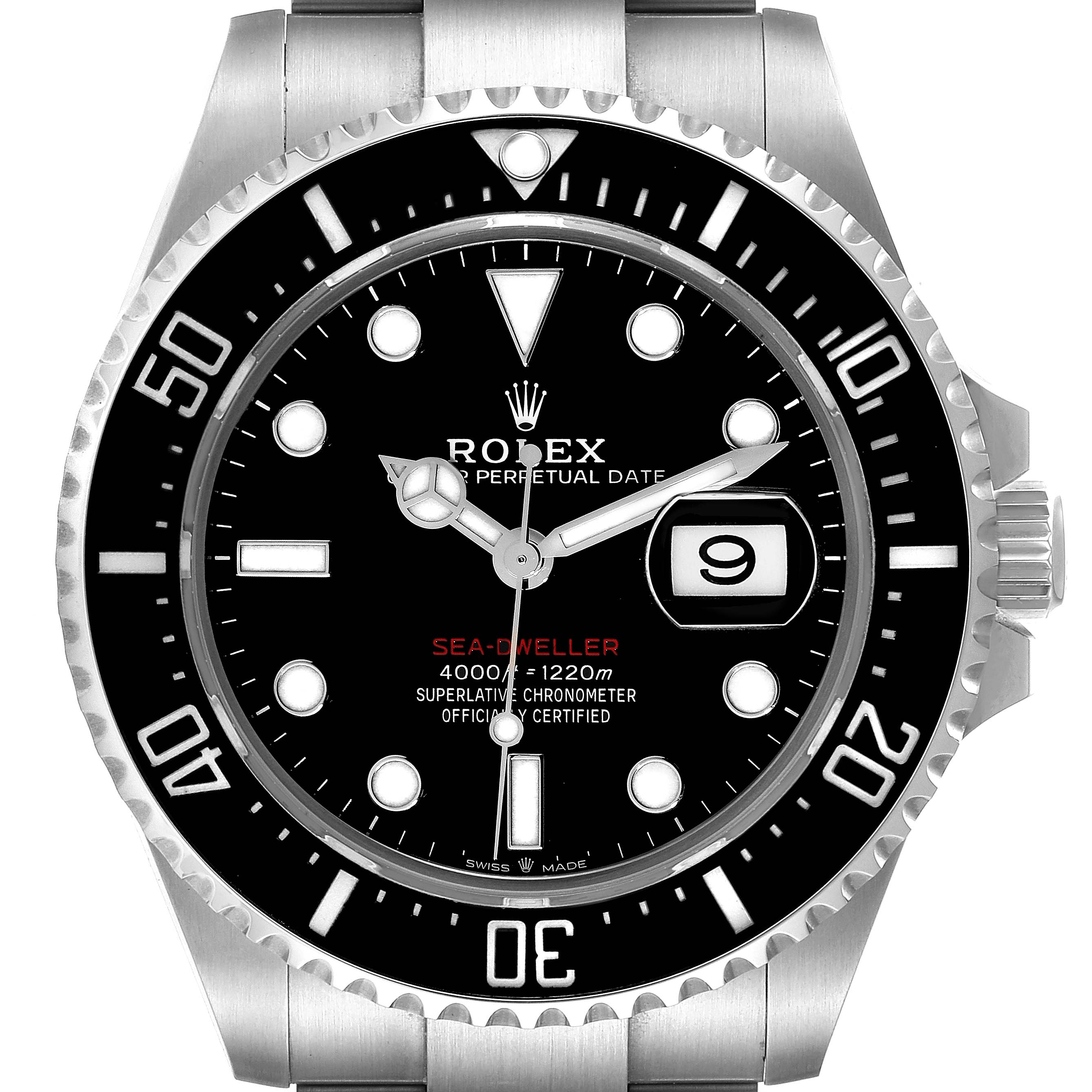 The image shows a front view of the dial, bezel, and part of the bracelet of a Rolex Sea-Dweller 126600 Men's Stainless Steel Black Dial 126600 Men's Stainless Steel Black Dial watch.