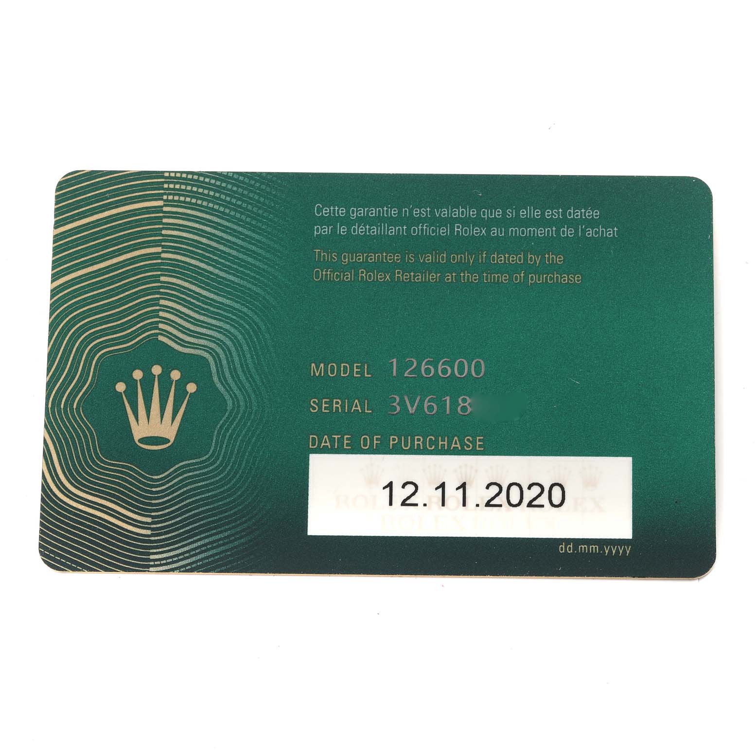 The image shows a Rolex guarantee card for the Sea-Dweller model 126600 with serial number 3V618 and a purchase date of 12.11.2020.