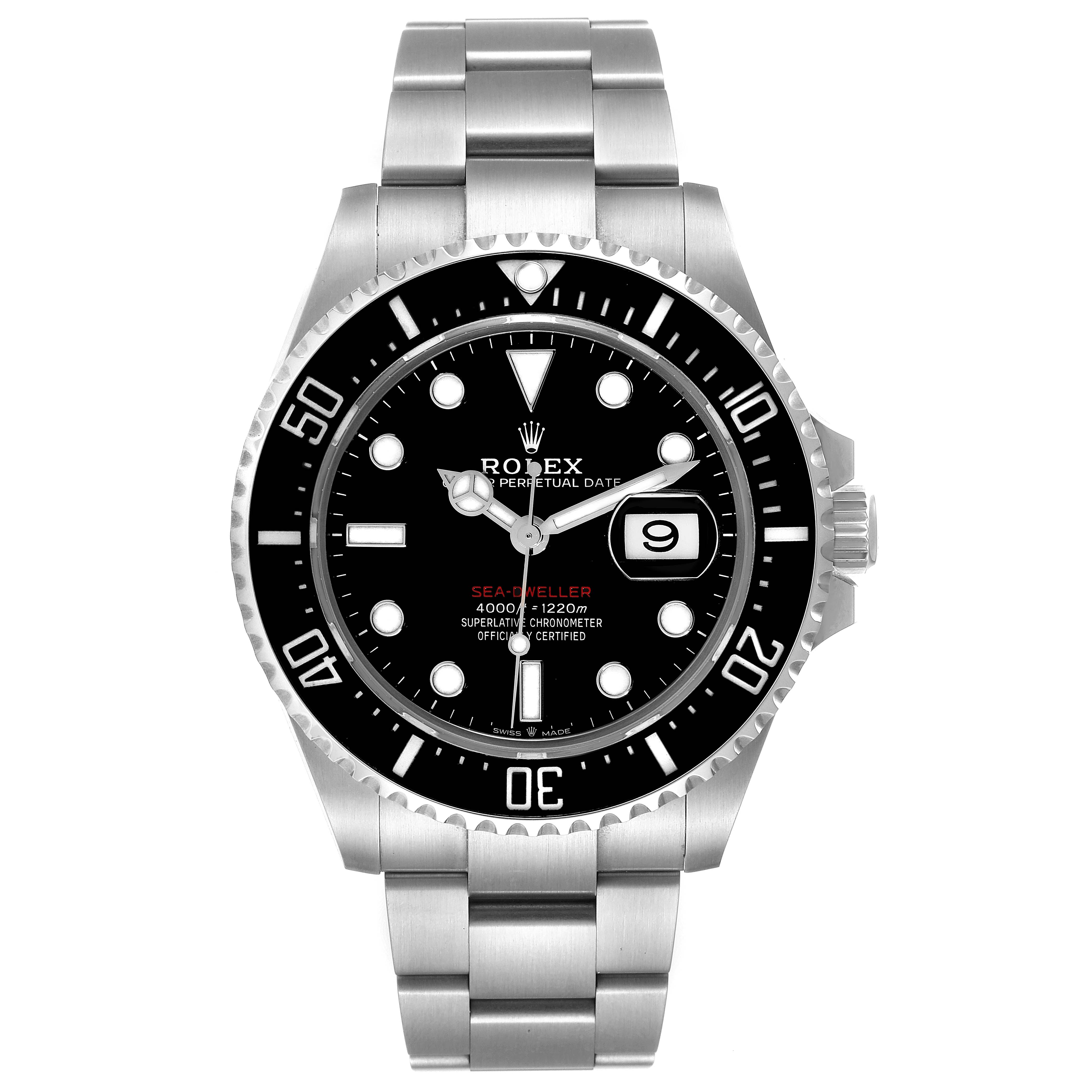 The image shows a front view of the Rolex Sea-Dweller 126600 Men's Stainless Steel Black Dial 126600 Men's Stainless Steel Black Dial, highlighting the watch face, bezel, and bracelet.