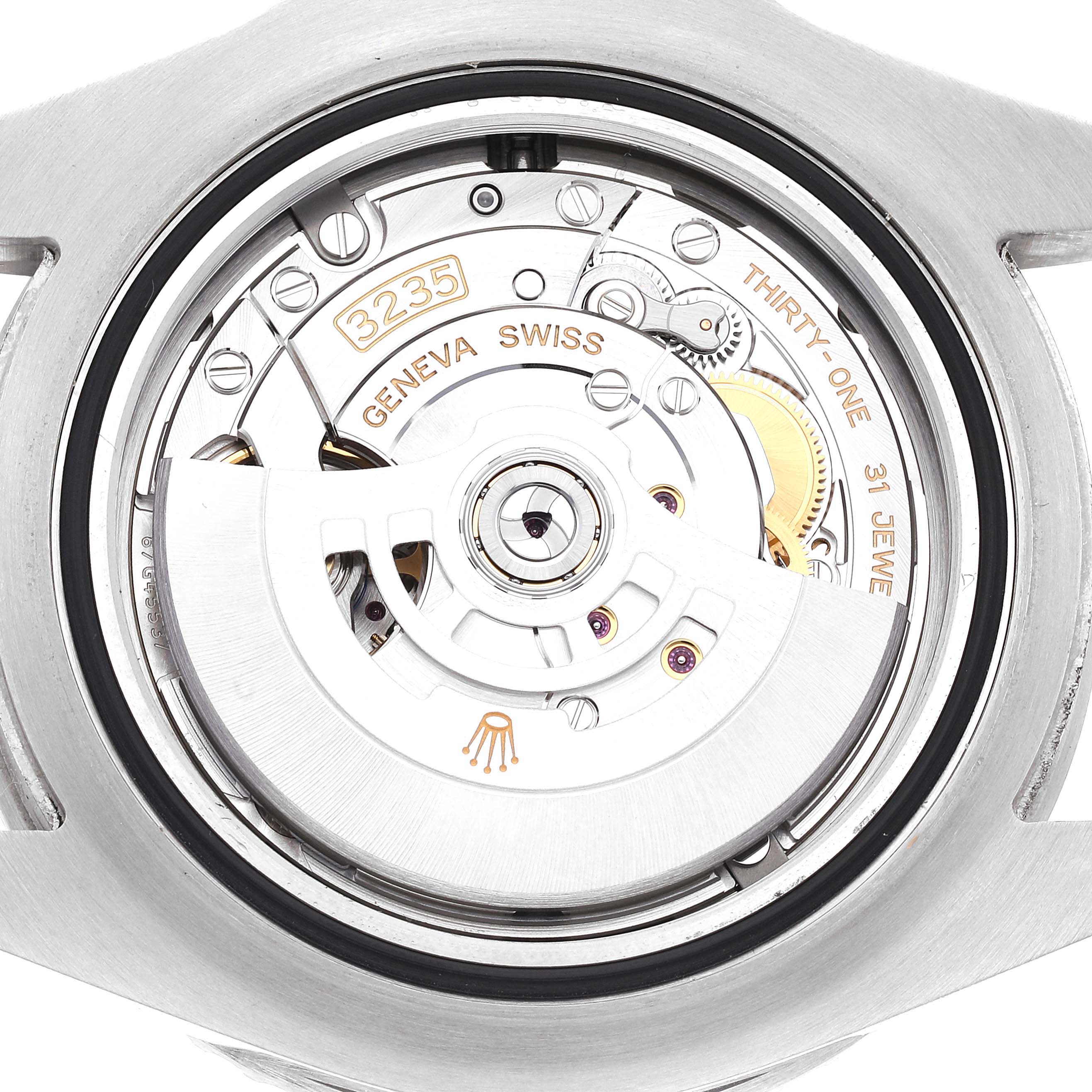 This close-up image shows the intricate movement of a Rolex Sea-Dweller 126600 Men's Stainless Steel Black Dial 126600 Men's Stainless Steel Black Dial watch from the back.