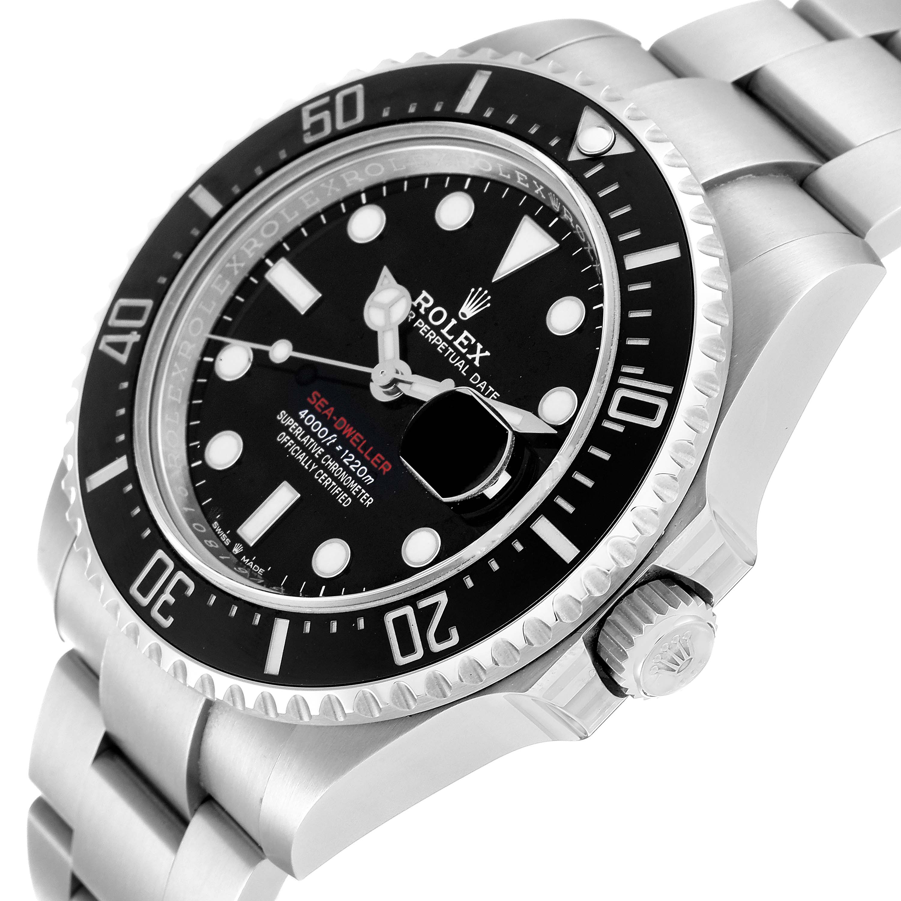 The image shows a Rolex Sea-Dweller 126600 Men's Stainless Steel Black Dial 126600 Men's Stainless Steel Black Dial watch angled from the right, highlighting the bezel, face, crown, and part of the bracelet.