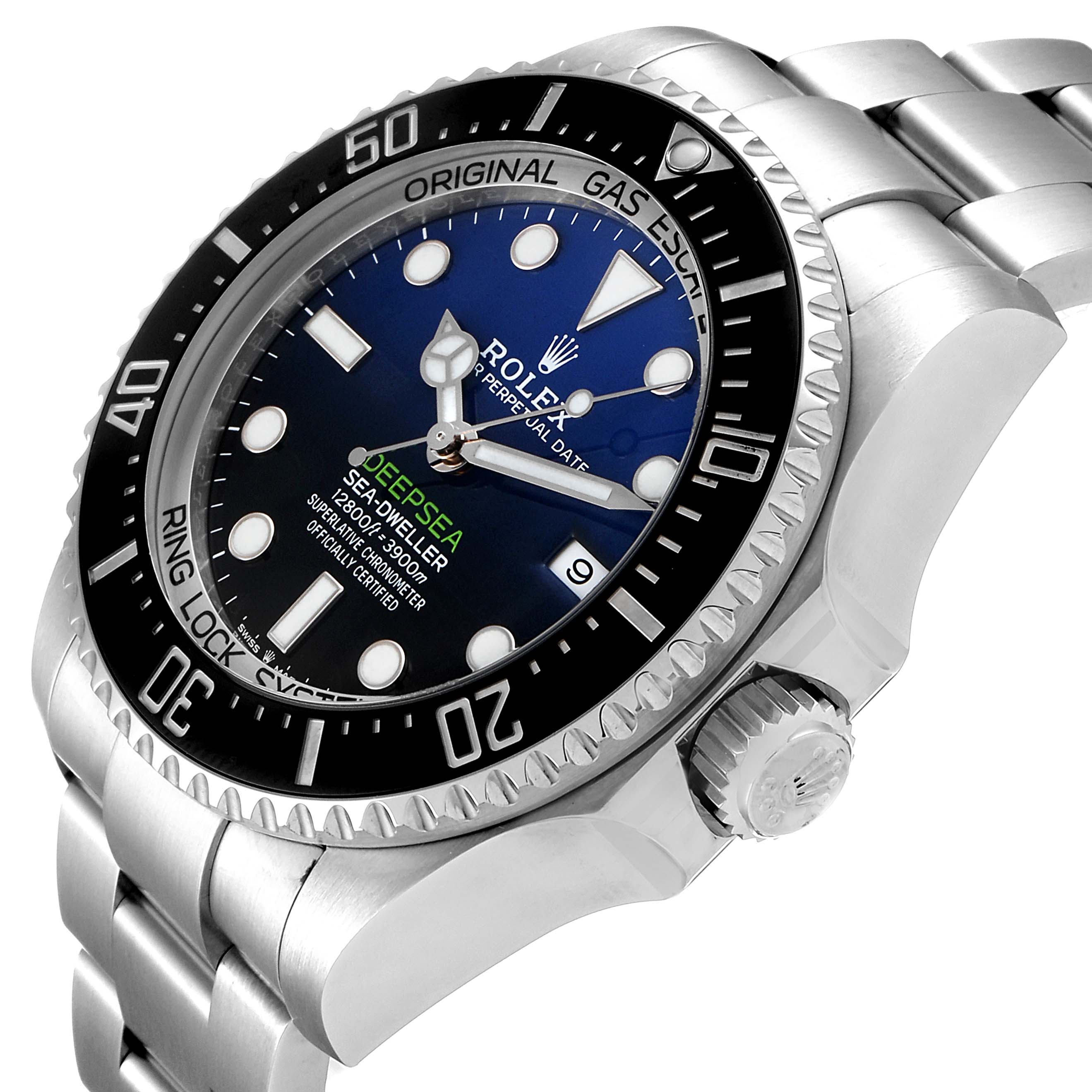 This is a close-up image of the Rolex Sea-Dweller 126660 Men's Stainless Steel Blue Dial 126660 Men's Stainless Steel Blue Dial watch showing its face, bezel, crown, and part of the bracelet at an oblique angle.