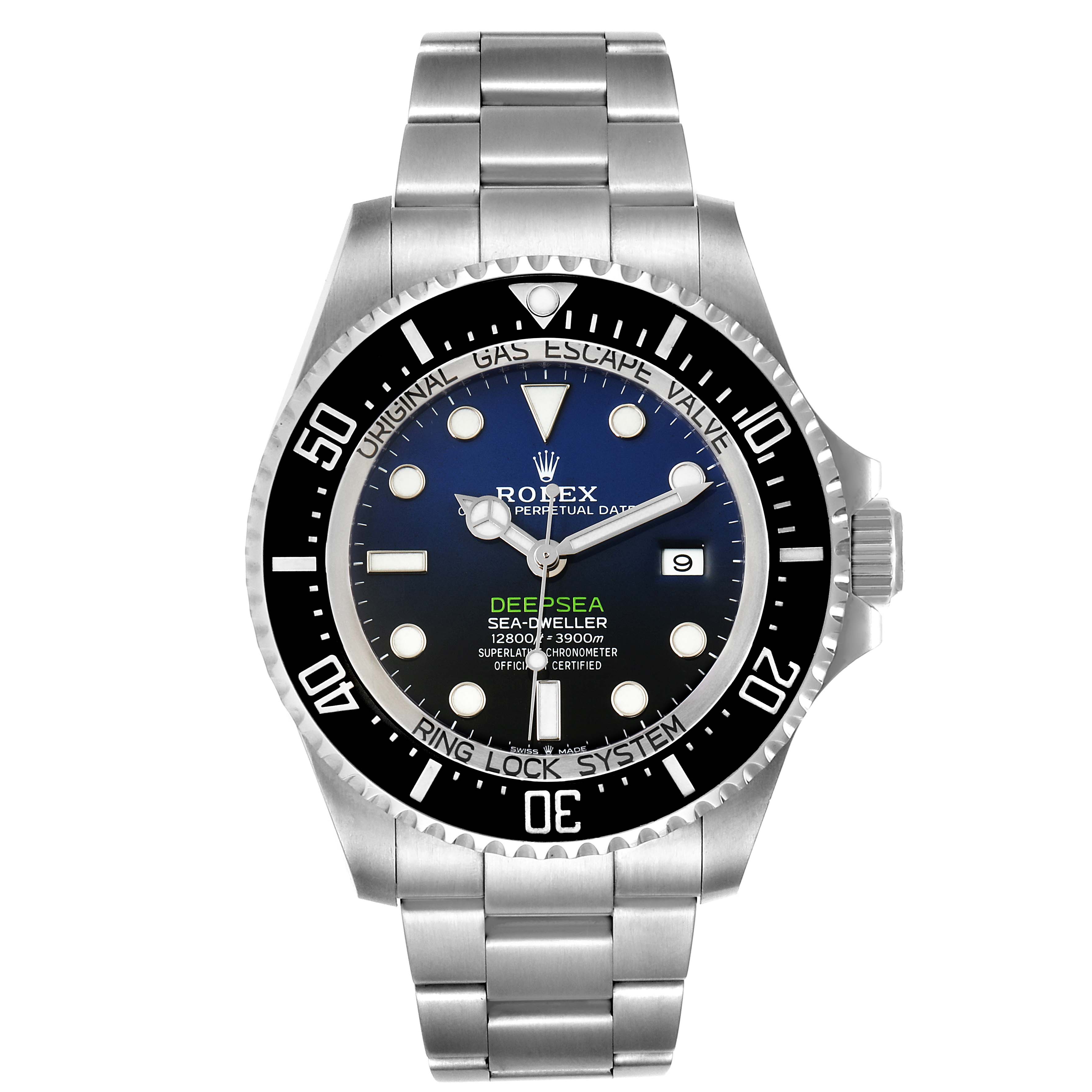The image shows a front view of the Rolex Sea-Dweller 126660 Men's Stainless Steel Blue Dial 126660 Men's Stainless Steel Blue Dial watch, highlighting the dial, bezel, and bracelet.