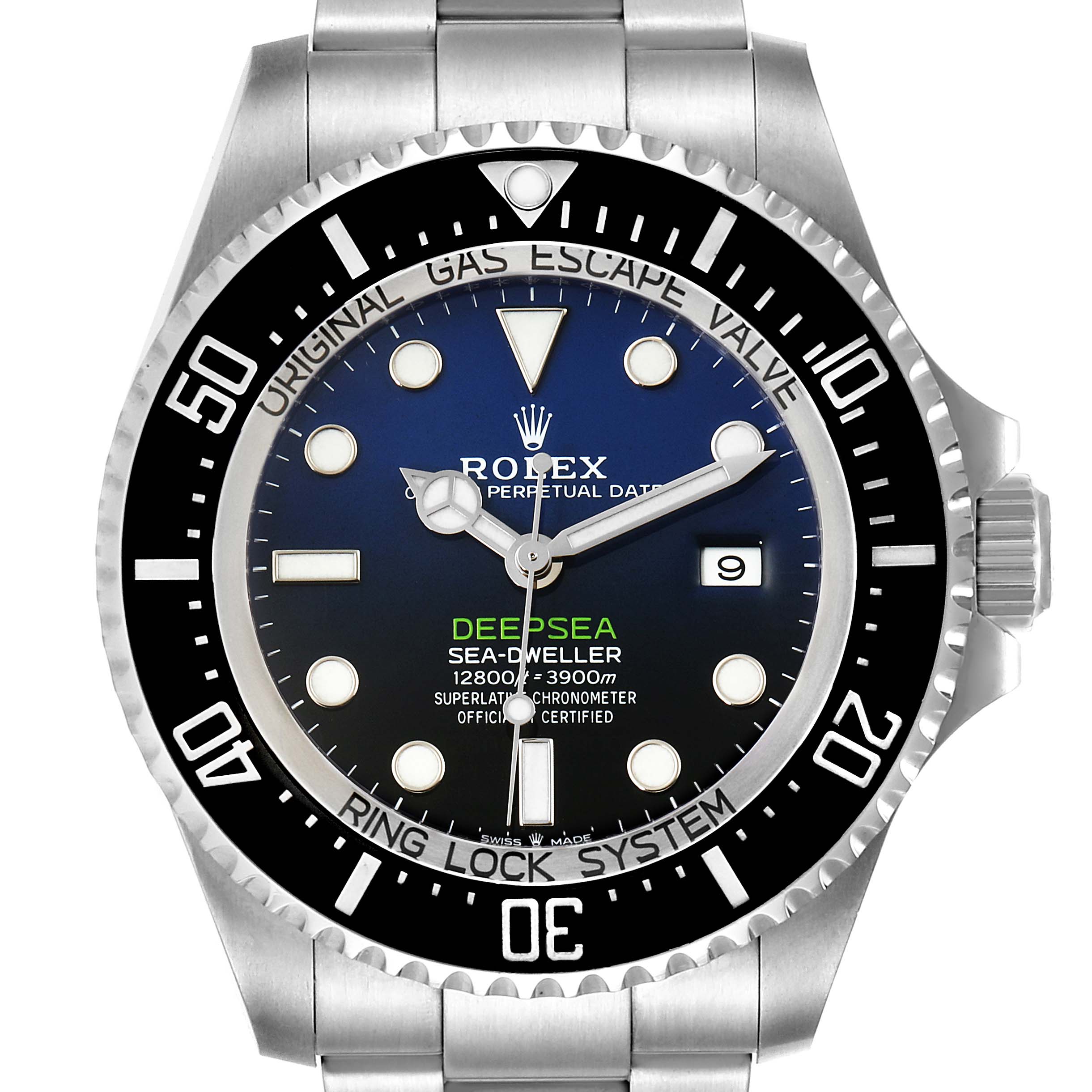 The image shows a front view of a Rolex Sea-Dweller 126660 Men's Stainless Steel Blue Dial 126660 Men's Stainless Steel Blue Dial Deepsea watch, highlighting its dial, bezel, and bracelet.