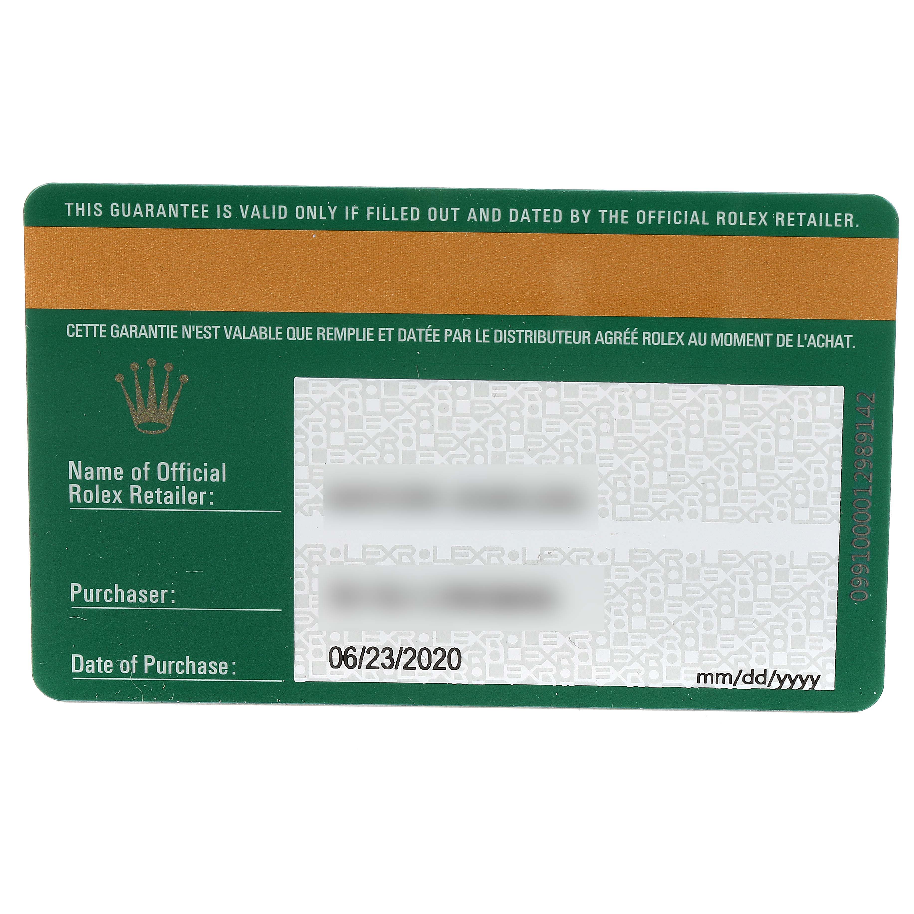 This image shows the guarantee card for the Rolex Sea-Dweller 126660 Men's Stainless Steel Blue Dial 126660 Men's Stainless Steel Blue Dial watch, indicating details like the retailer, purchaser, and date of purchase.