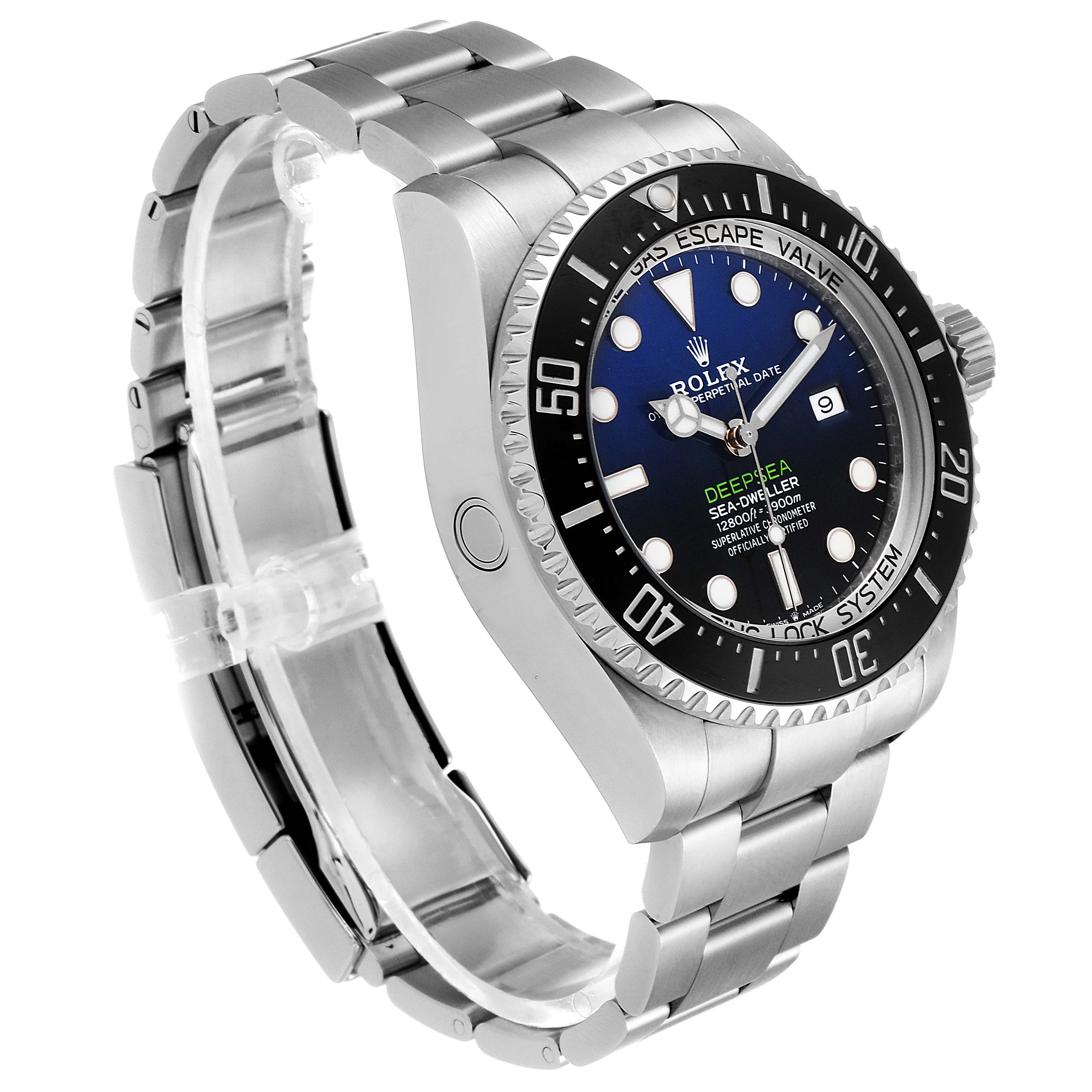 The image shows a side and front angle of the Rolex Sea-Dweller 126660 Men's Stainless Steel Blue Dial 126660 Men's Stainless Steel Blue Dial, highlighting its dial, bezel, crown, and bracelet.