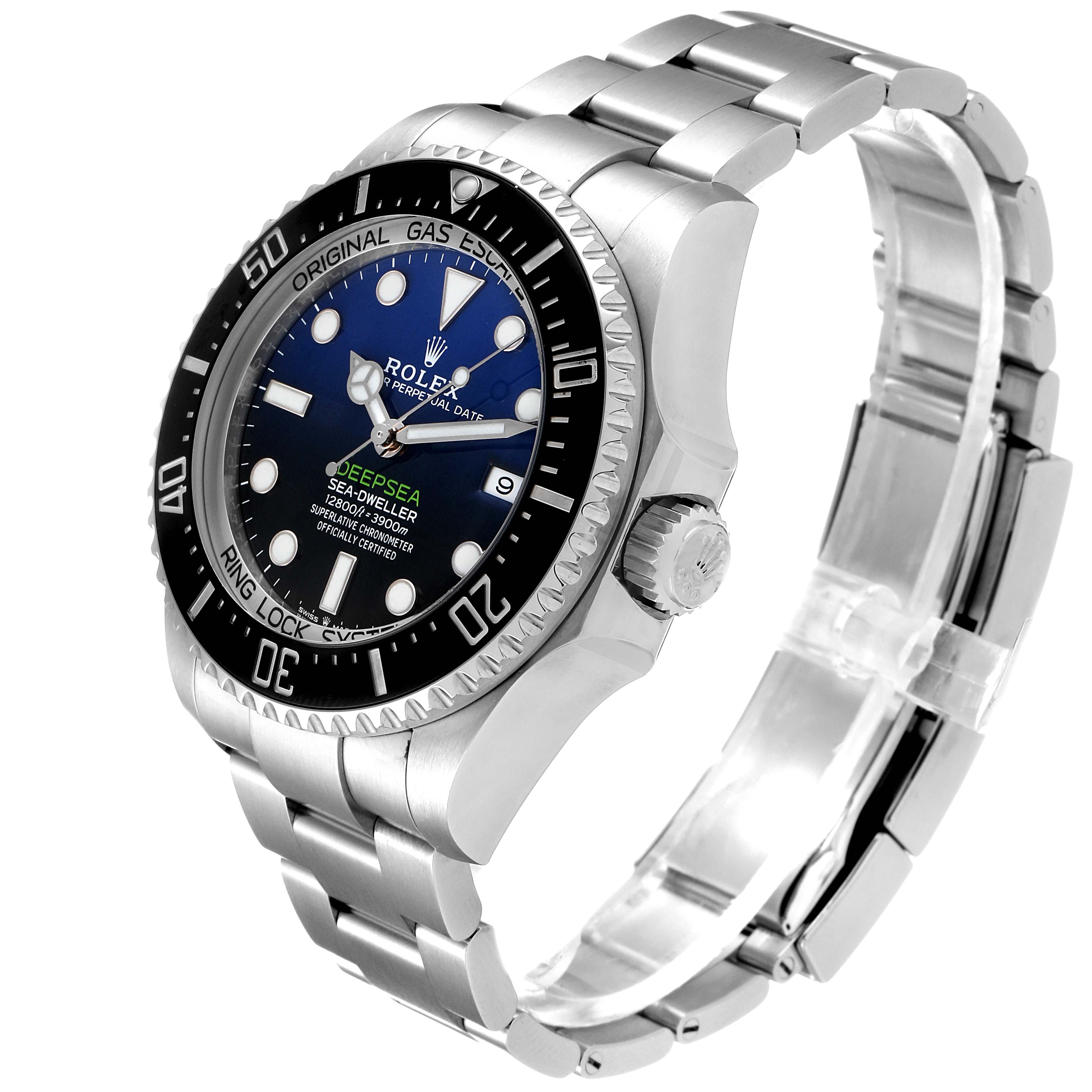 This image shows the Rolex Sea-Dweller 126660 Men's Stainless Steel Blue Dial 126660 Men's Stainless Steel Blue Dial watch at an oblique angle, displaying the face, bezel, crown, and bracelet.