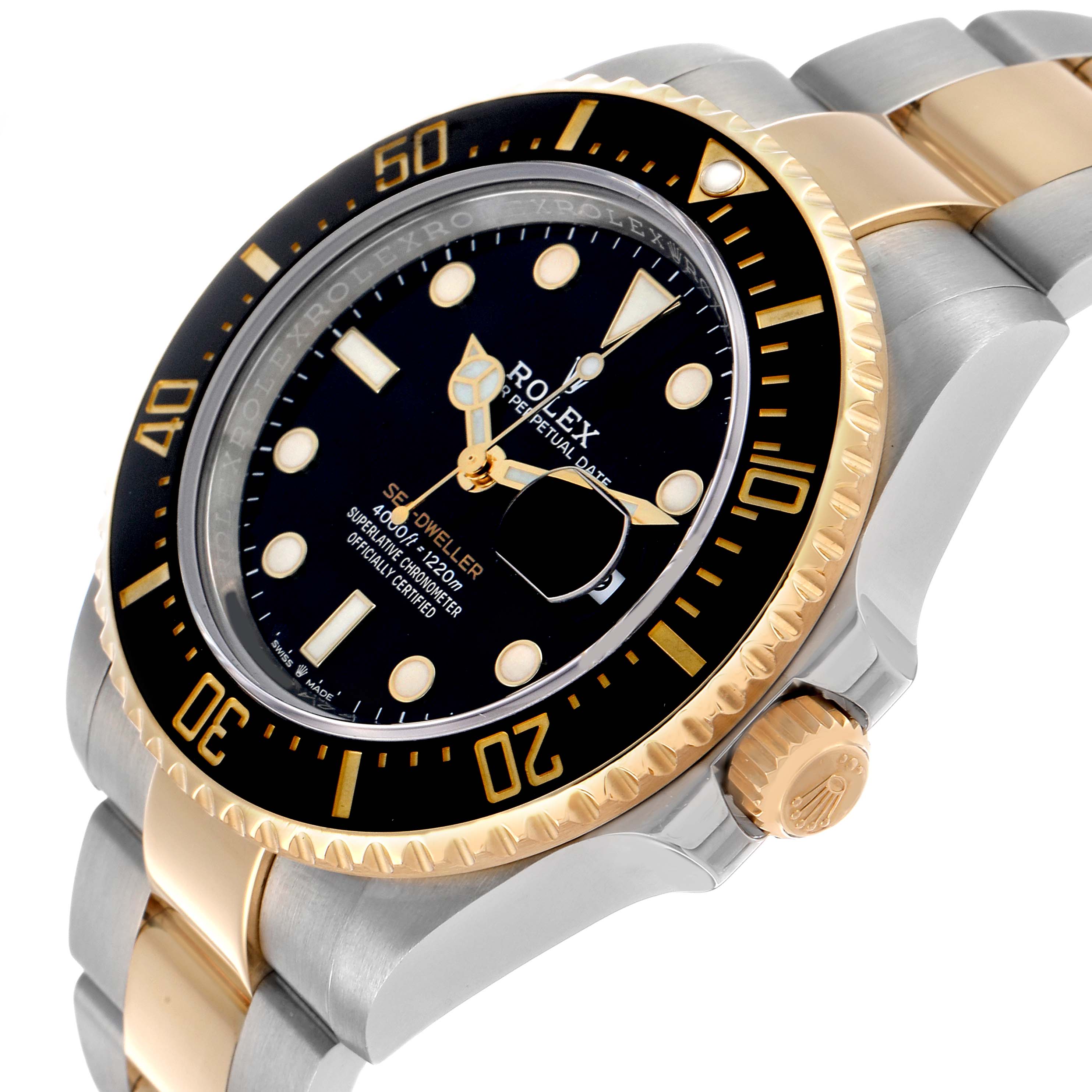 The Rolex Sea-Dweller 126603 Men's Steel and Gold (two tone) Black Dial watch is shown at an angle highlighting the bezel, crown, and part of the bracelet.