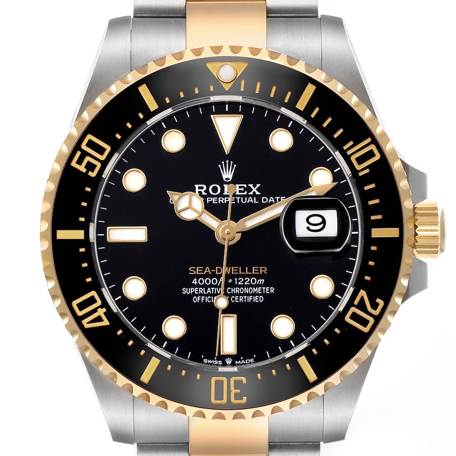 The image shows a front view of the Rolex Sea-Dweller 126603 Men's Steel and Gold (two tone) Black Dial, highlighting its dial, bezel, and crown.