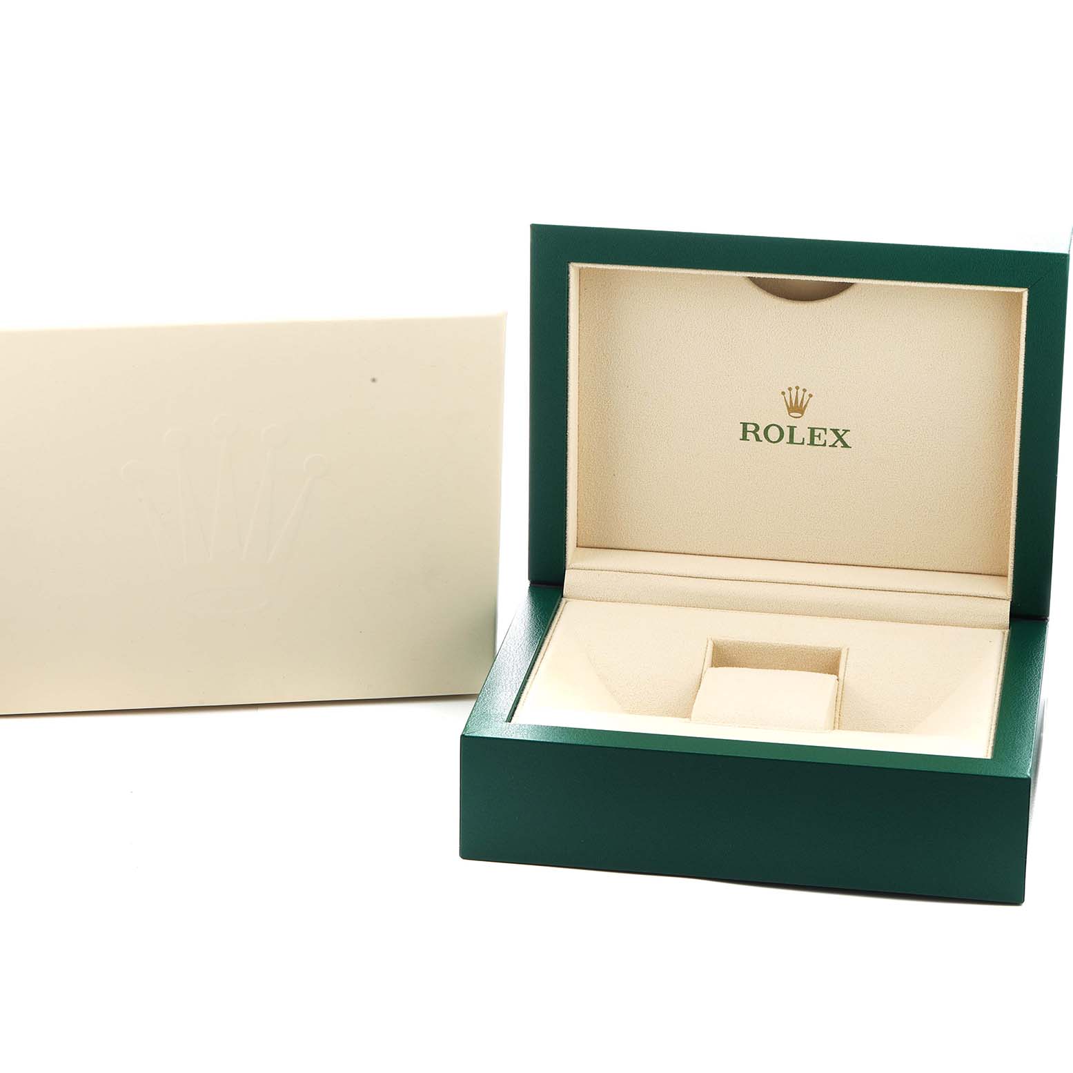 The image shows an open Rolex Sea-Dweller 126603 Men's Steel and Gold (two tone) Black Dial watch box and its outer sleeve, viewed from the front.