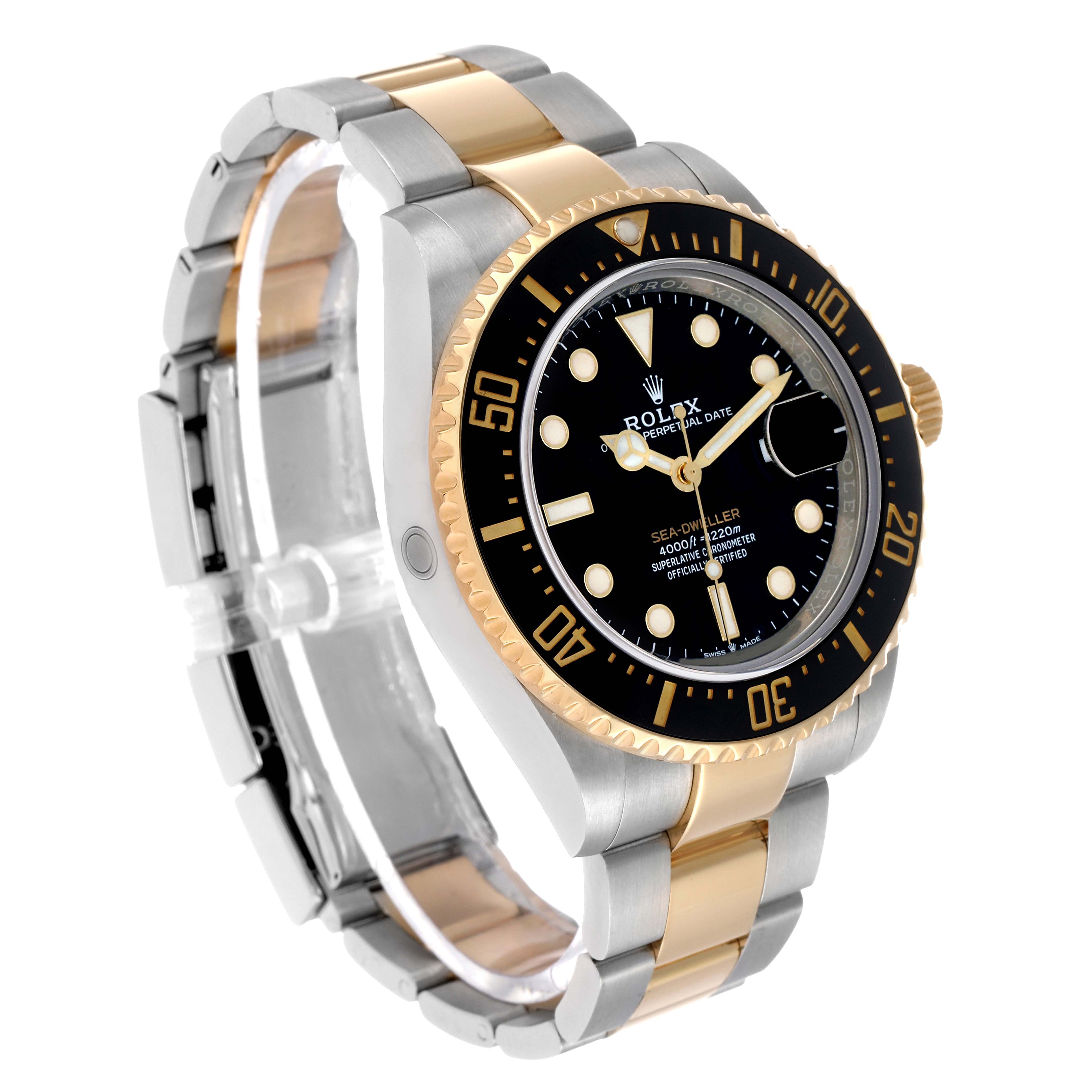 The Rolex Sea-Dweller 126603 Men's Steel and Gold (two tone) Black Dial watch is shown at a three-quarter angle, highlighting the dial, bezel, and two-tone bracelet.