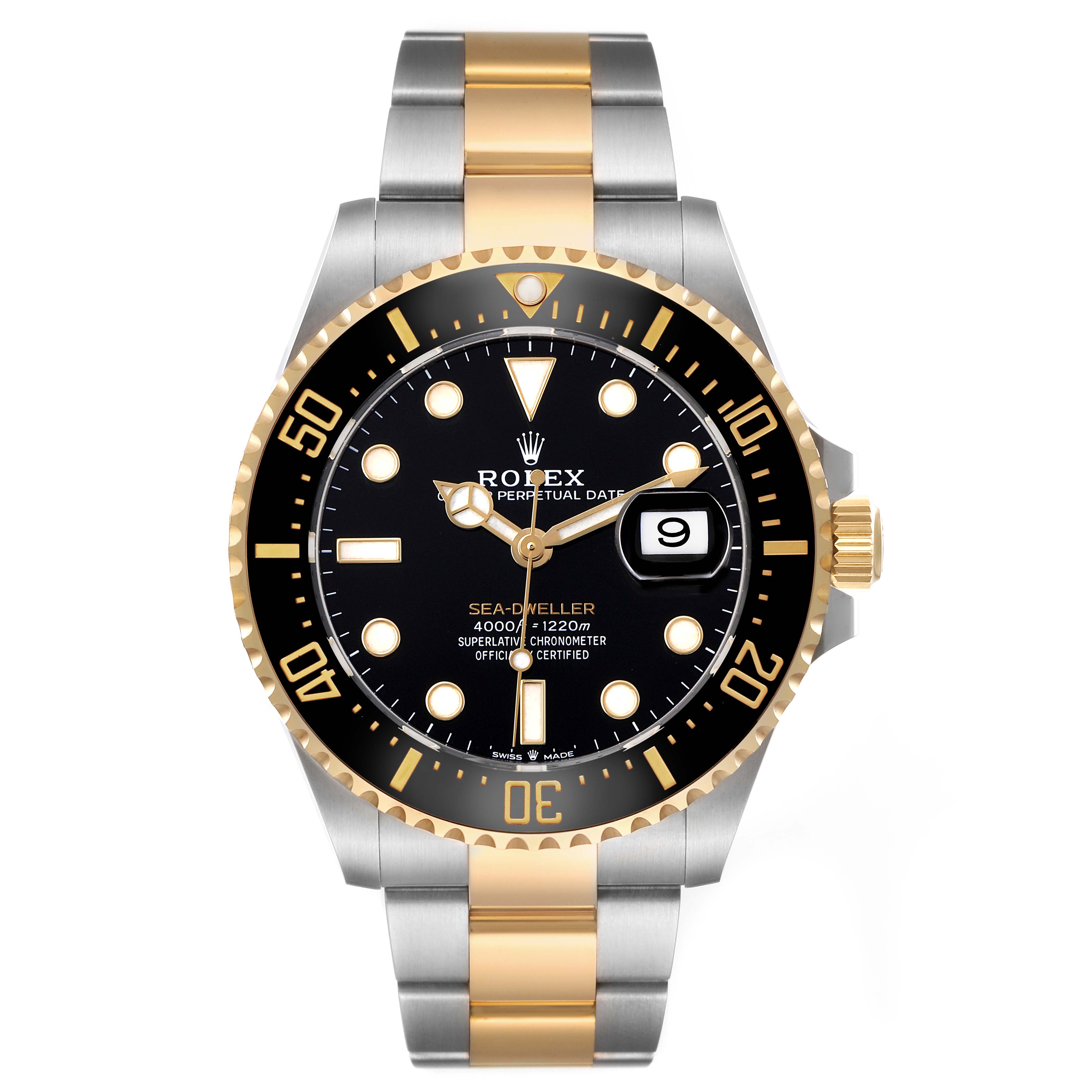 The Rolex Sea-Dweller 126603 Men's Steel and Gold (two tone) Black Dial watch is shown from a front angle, highlighting the bezel, dial, and two-tone bracelet.