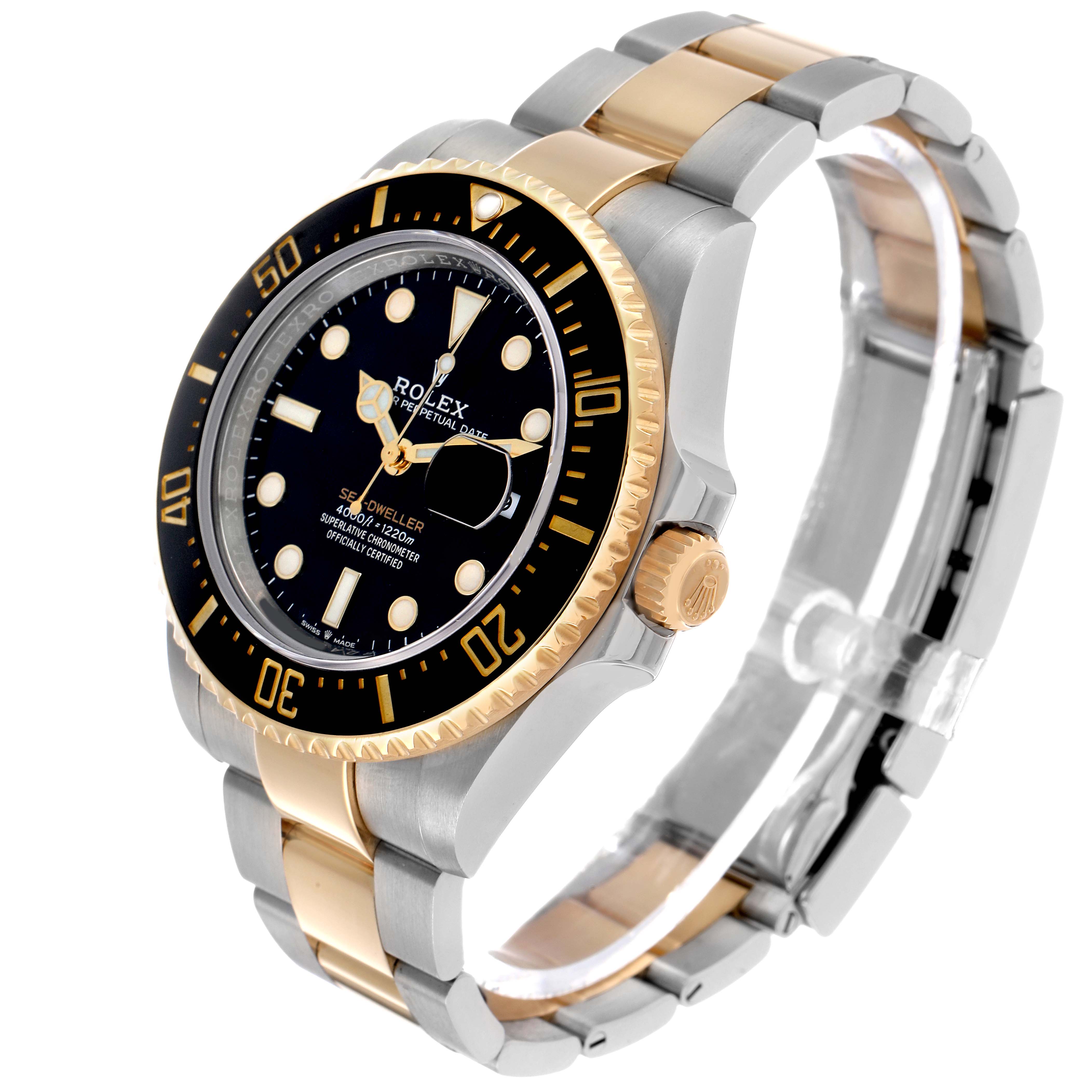 The Rolex Sea-Dweller 126603 Men's Steel and Gold (two tone) Black Dial watch is shown in a right-side angle, highlighting its bezel, dial, bracelet, and crown.