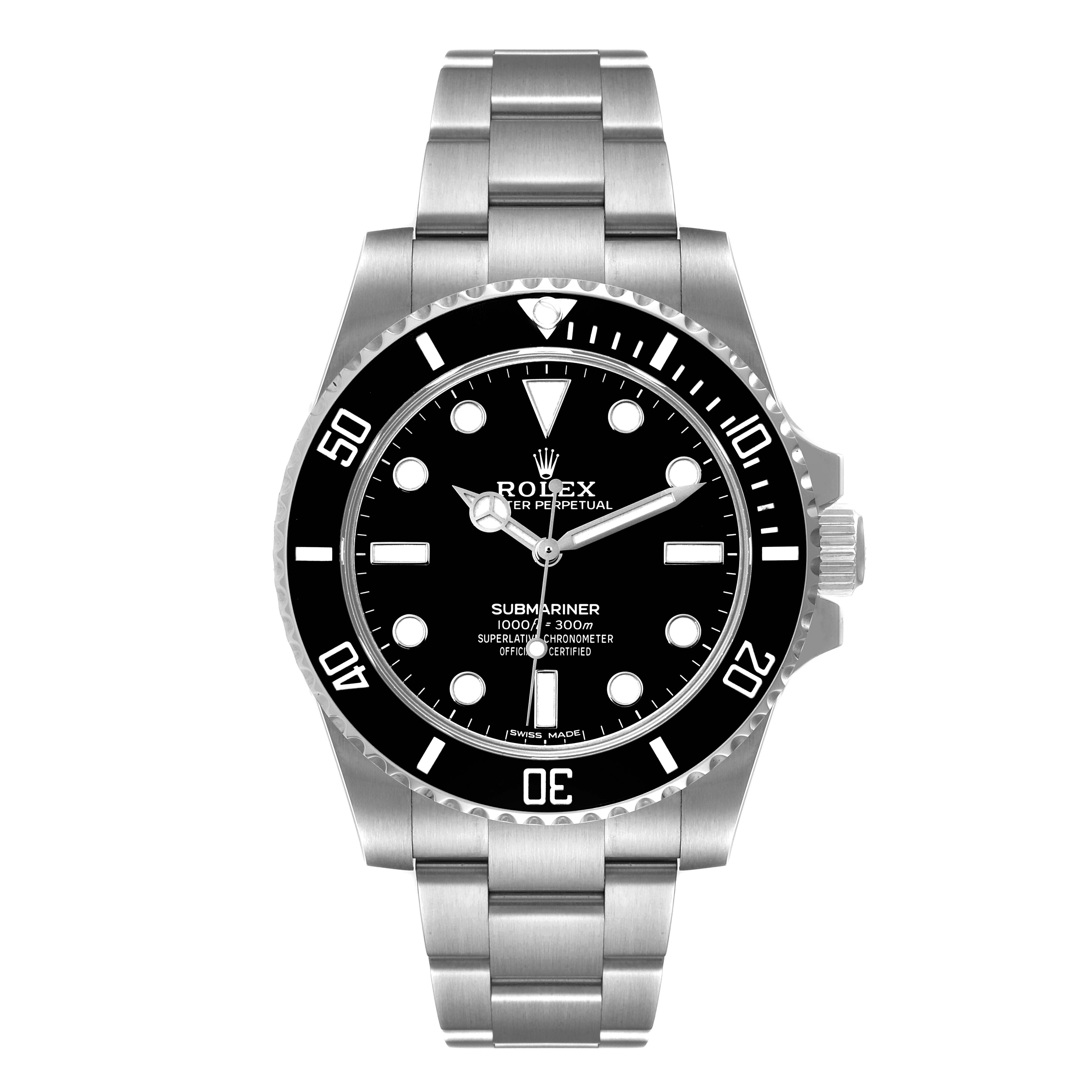 This image shows a front view of a Rolex Submariner 114060 Men
s Stainless Steel Black Dial 114060 Men
s Stainless Steel Black Dial watch, highlighting its black dial, bezel, and stainless steel bracelet.