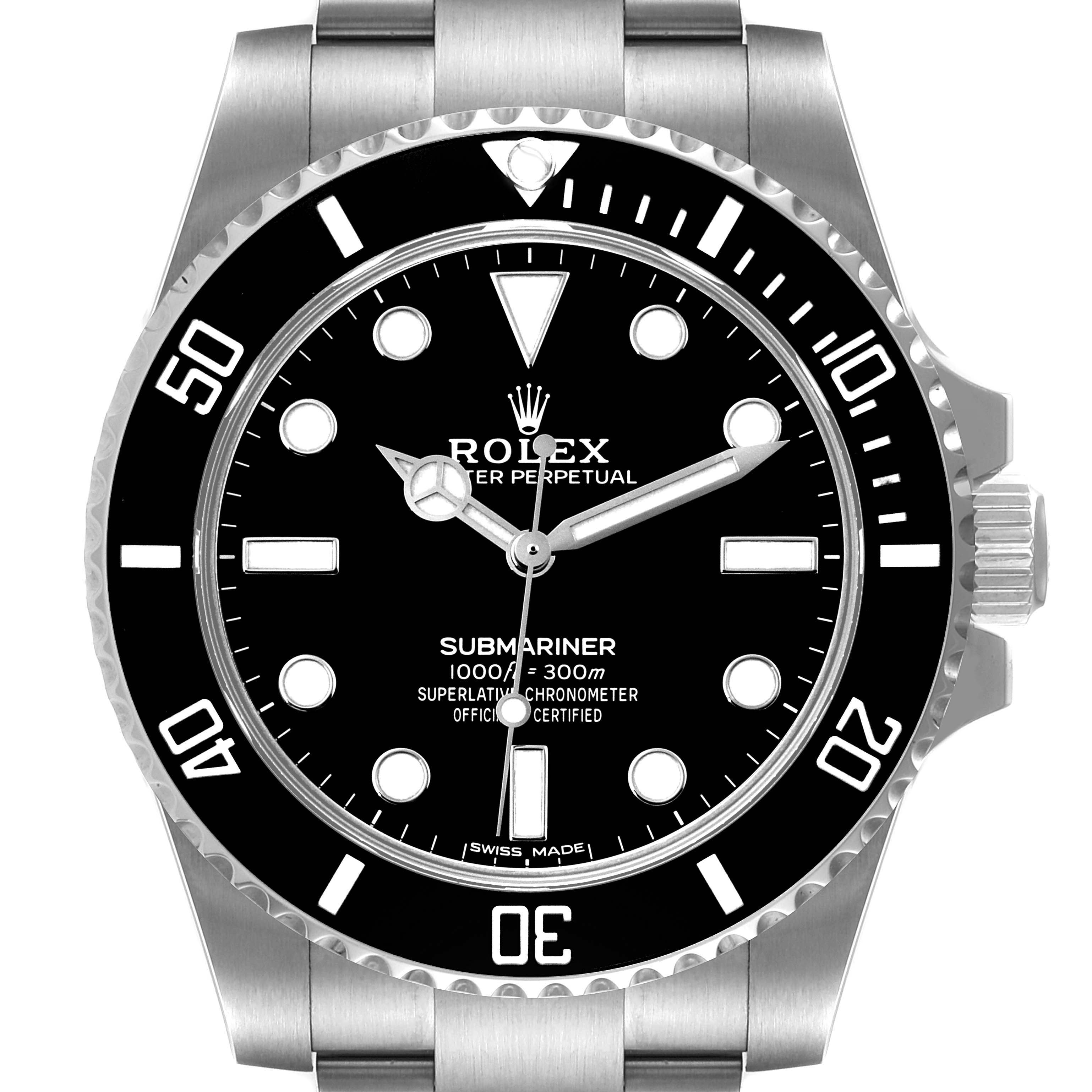 This Rolex Submariner 114060 Men
s Stainless Steel Black Dial 114060 Men
s Stainless Steel Black Dial watch is shown from the front, displaying the full dial, bezel, crown, and part of the bracelet.