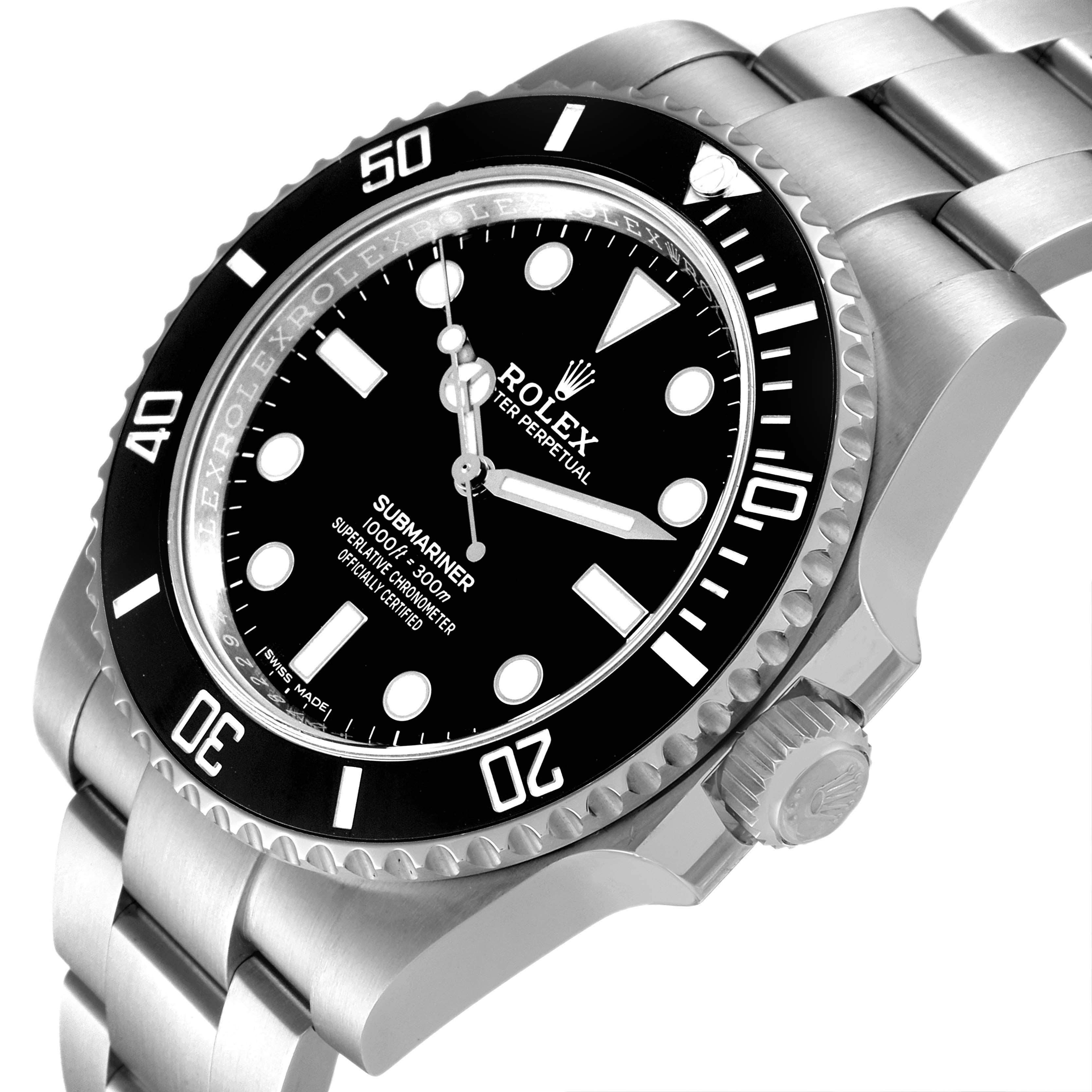 The image shows a close-up of a Rolex Submariner 114060 Men
s Stainless Steel Black Dial 114060 Men
s Stainless Steel Black Dial watch, focusing on the dial, bezel, and bracelet from an angled perspective.
