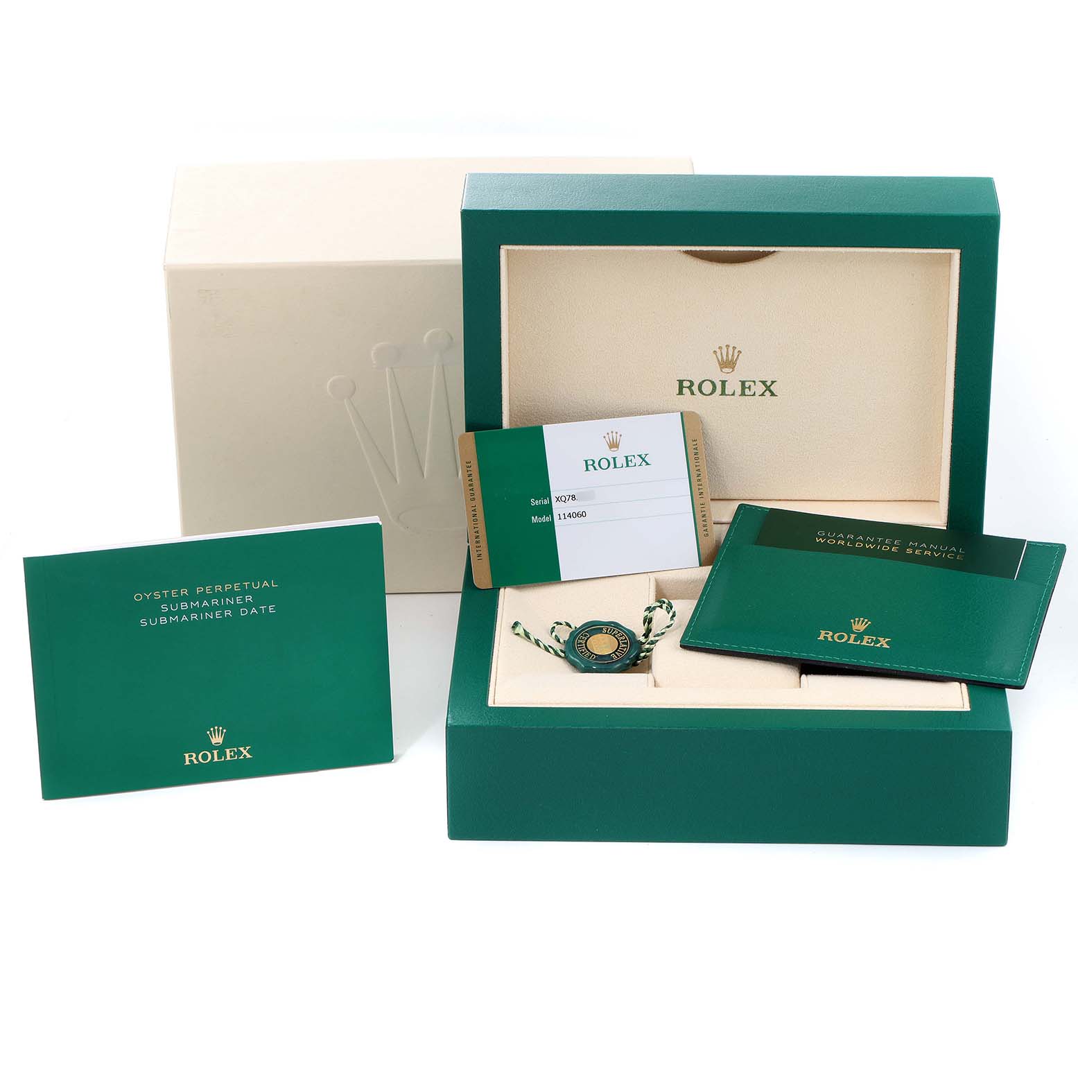 The image shows the packaging, papers, and accessories for the Rolex Submariner 114060 Men
s Stainless Steel Black Dial 114060 Men
s Stainless Steel Black Dial model, displayed neatly.