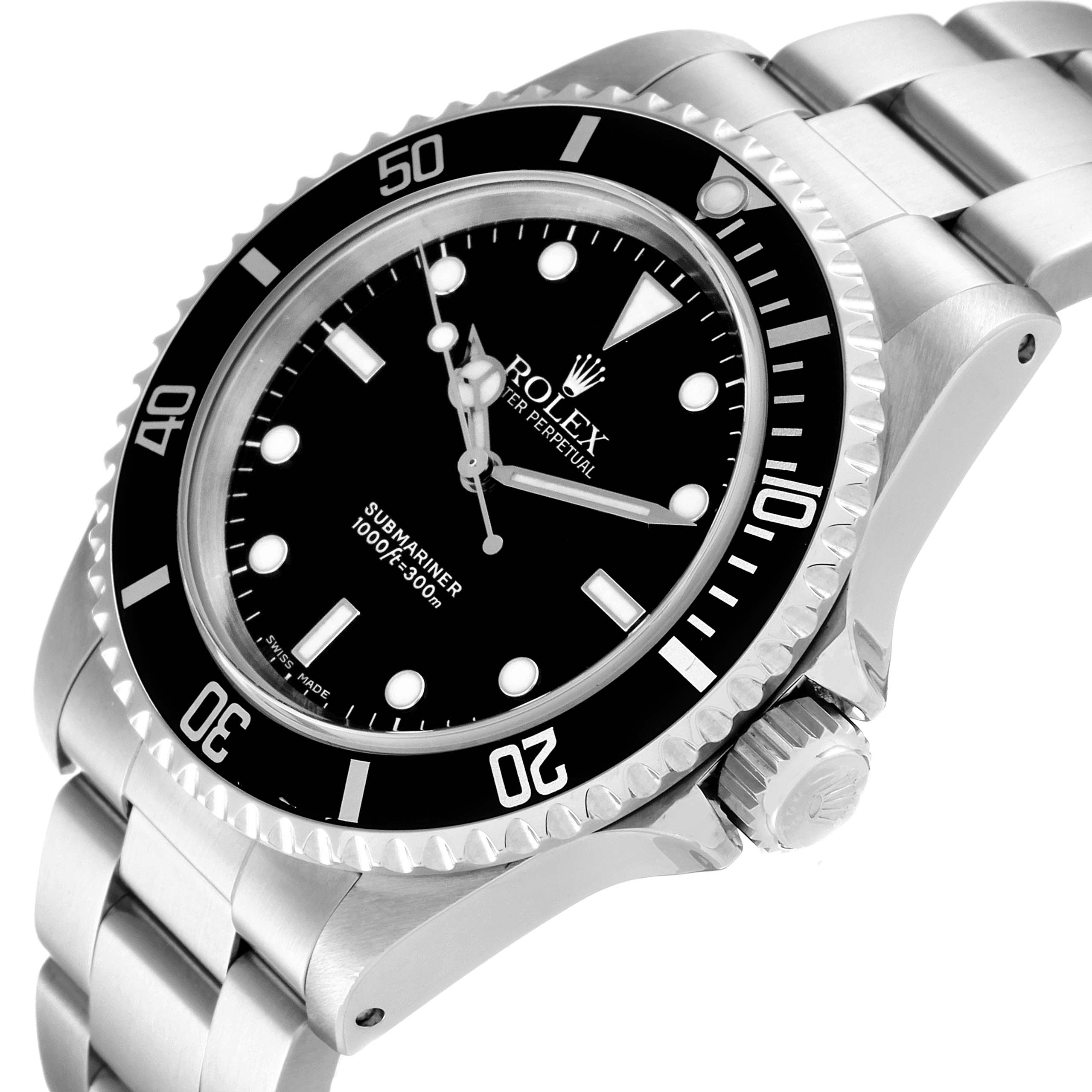 This image shows a Rolex Submariner 14060 Men's Stainless Steel Black Dial 14060 Men's Stainless Steel Black Dial watch at an angled close-up, highlighting the dial, bezel, and bracelet.