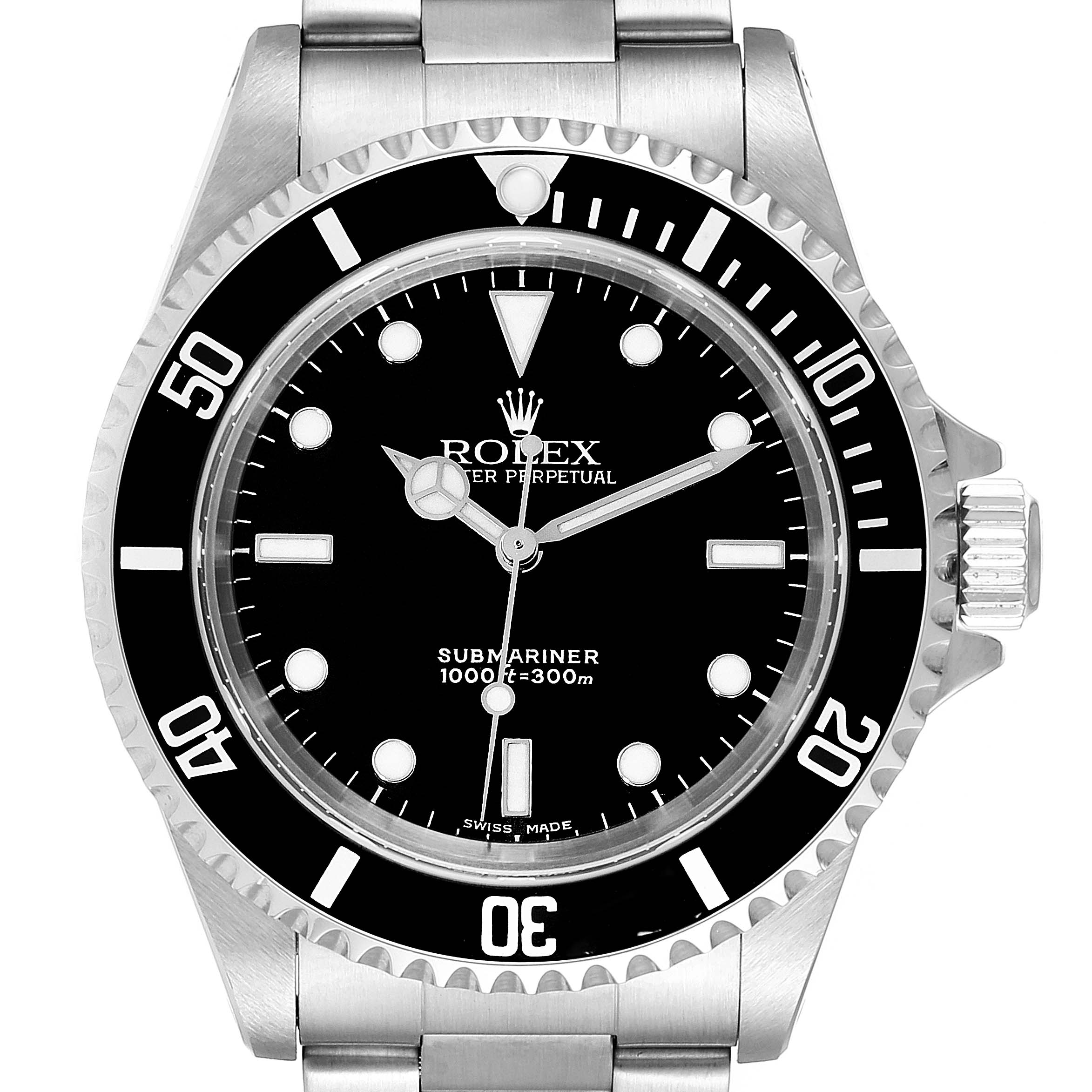 The image shows a front view of the Rolex Submariner 14060 Men's Stainless Steel Black Dial 14060 Men's Stainless Steel Black Dial watch, highlighting its face, bezel, and part of the bracelet.
