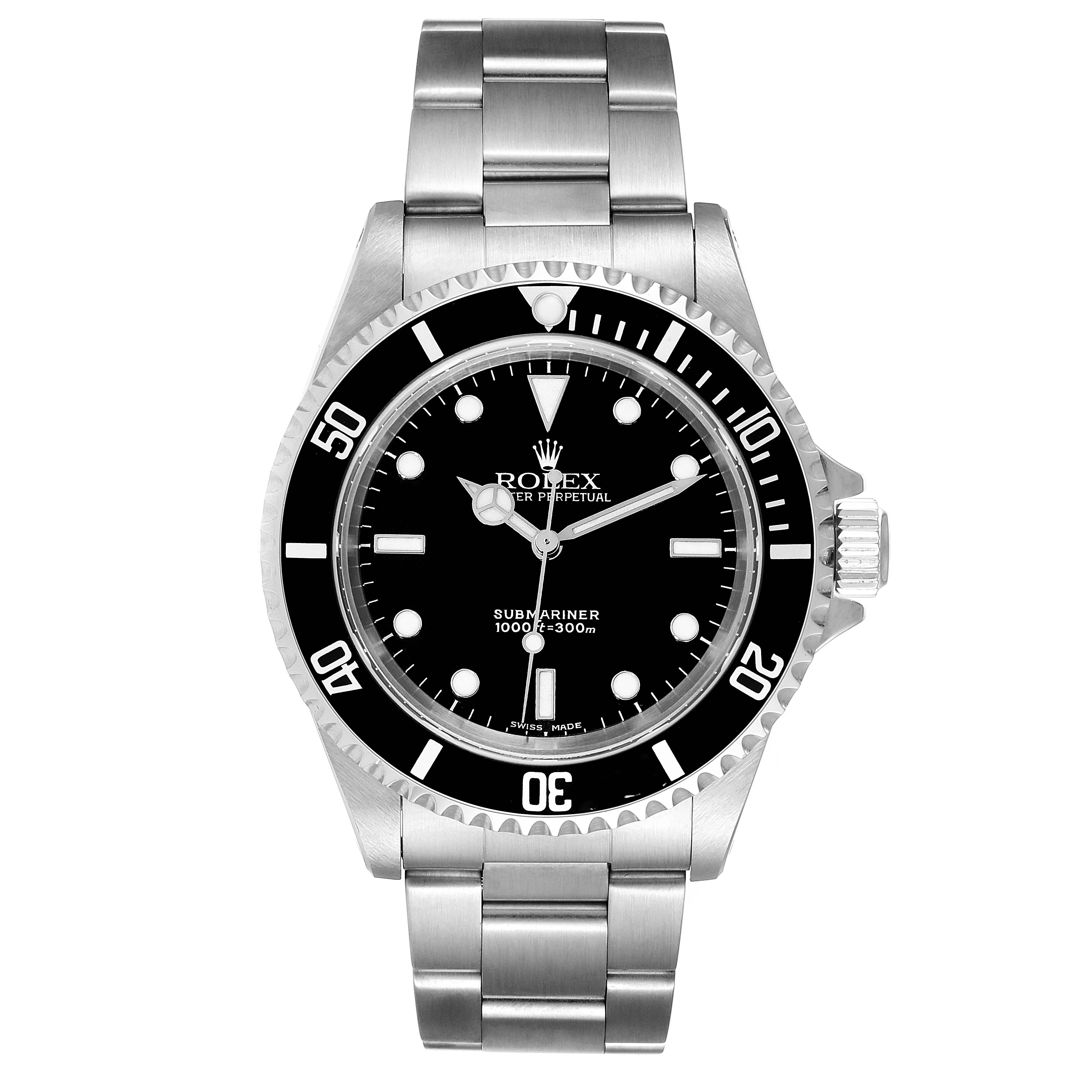 The image shows a front view of the Rolex Submariner 14060 Men's Stainless Steel Black Dial 14060 Men's Stainless Steel Black Dial watch, displaying its black dial, bezel, and stainless steel bracelet.