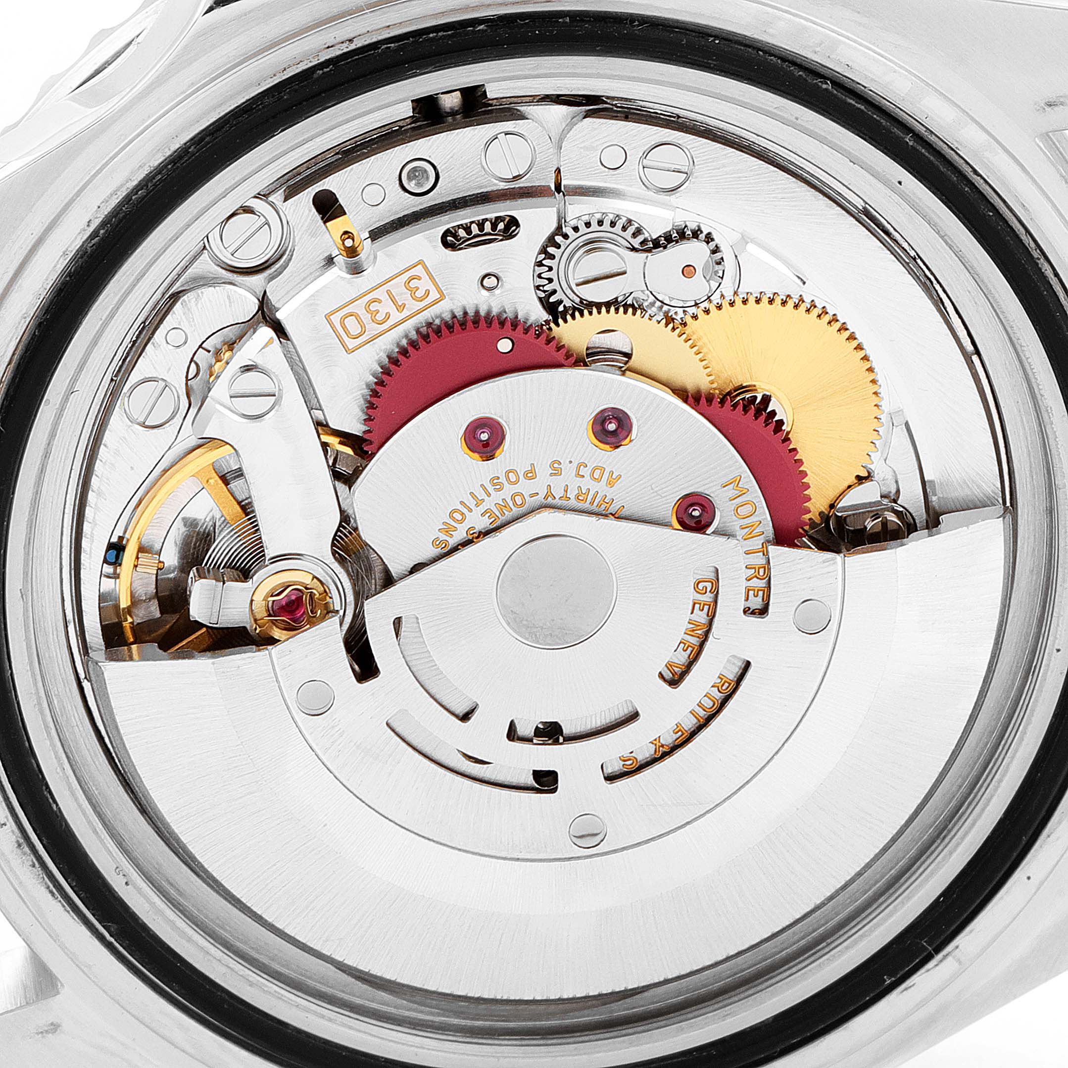 The image shows a close-up of the internal mechanism of a Rolex Submariner 14060 Men's Stainless Steel Black Dial 14060 Men's Stainless Steel Black Dial watch, highlighting the gears and movement parts.