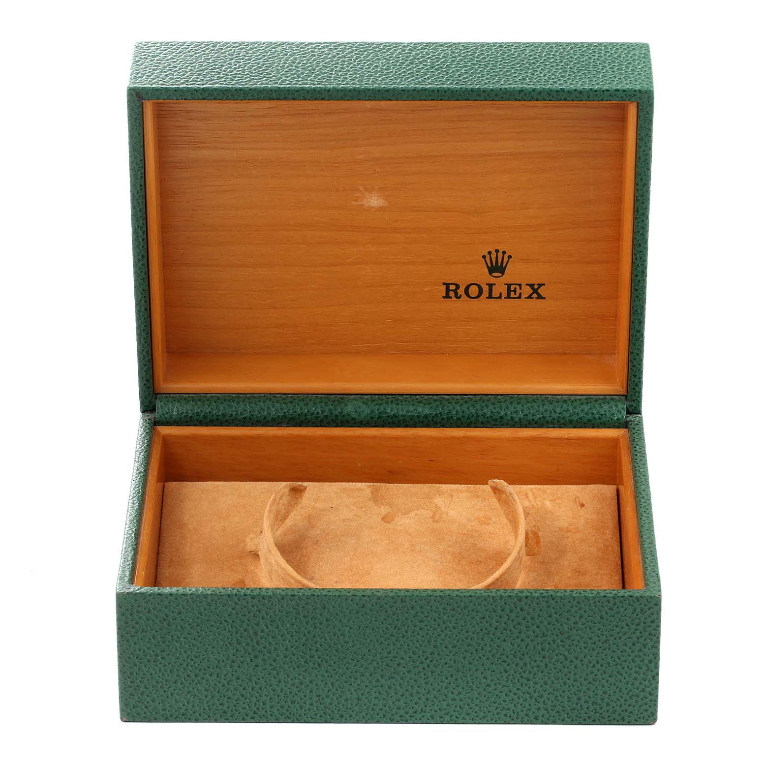 The image shows an open Rolex Submariner 14060 Men's Stainless Steel Black Dial 14060 Men's Stainless Steel Black Dial watch box with green exterior and wood-finished interior.