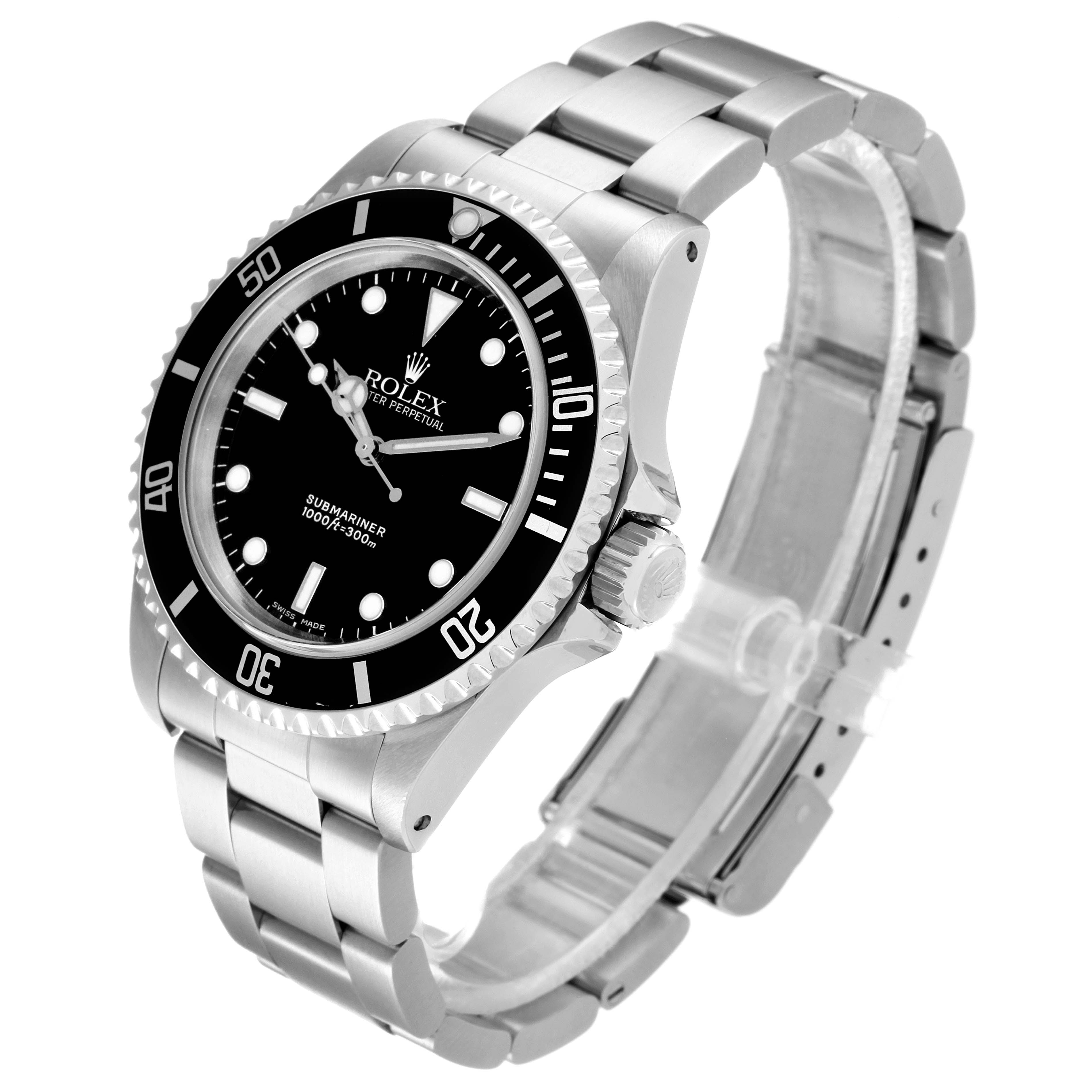 The image shows a three-quarter angle view of the Rolex Submariner 14060 Men's Stainless Steel Black Dial 14060 Men's Stainless Steel Black Dial watch, highlighting the face, bezel, and metal bracelet.