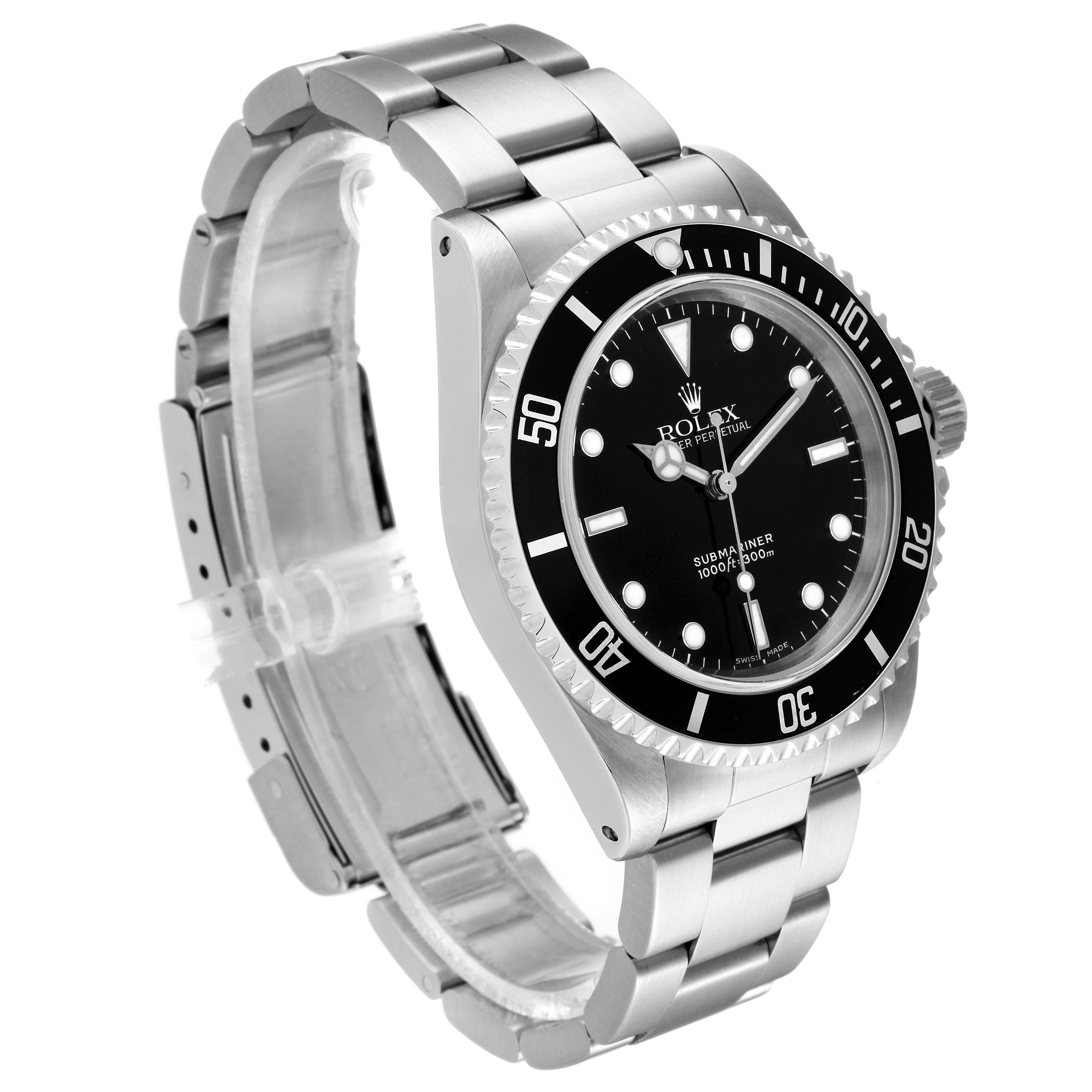 The Rolex Submariner 14060 Men's Stainless Steel Black Dial 14060 Men's Stainless Steel Black Dial watch is depicted at a 3/4 angle, showcasing the bracelet, bezel, and dial.