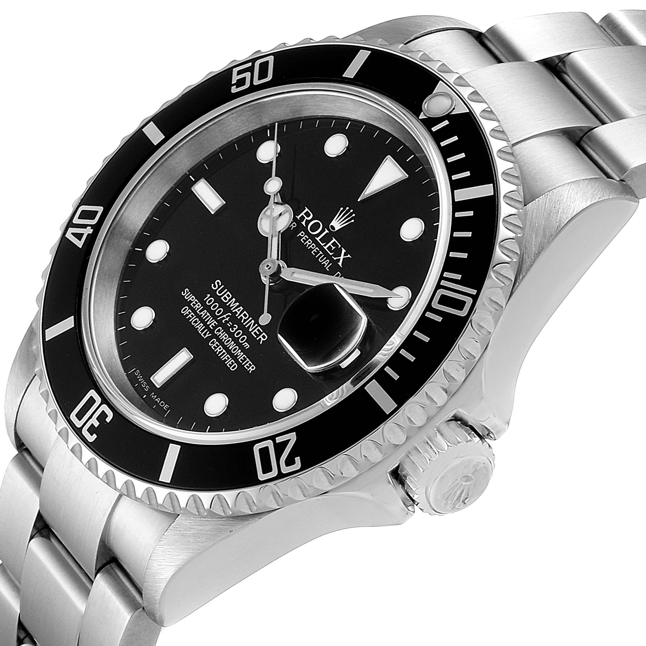 The image shows a Rolex Submariner 16610 Men
s Stainless Steel Black Dial 16610 Men
s Stainless Steel Black Dial watch angled to display its face, bezel, crown, and part of the bracelet.
