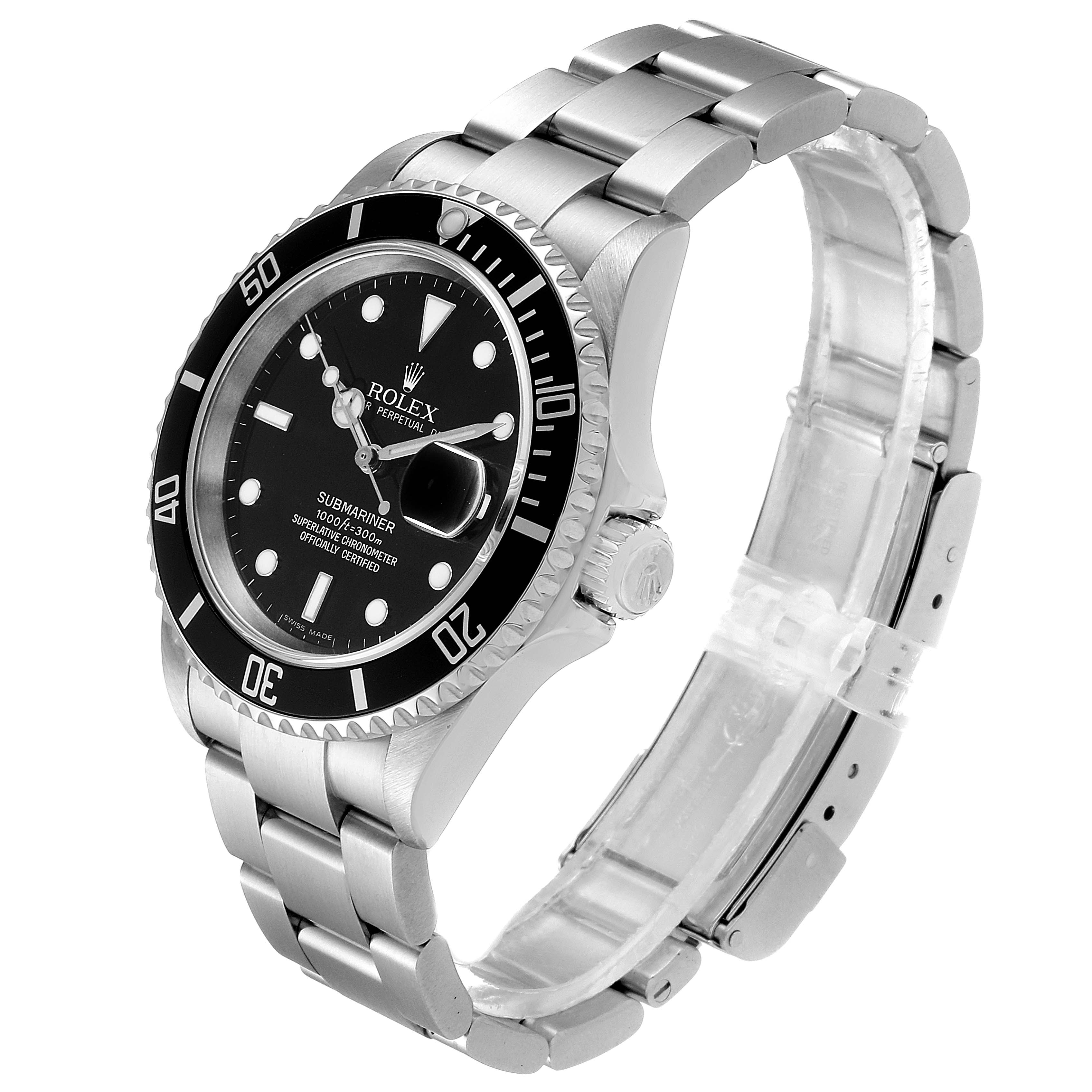 The image shows a Rolex Submariner 16610 Men
s Stainless Steel Black Dial 16610 Men
s Stainless Steel Black Dial watch at a three-quarter angle, highlighting its black dial, bezel, and stainless steel bracelet.