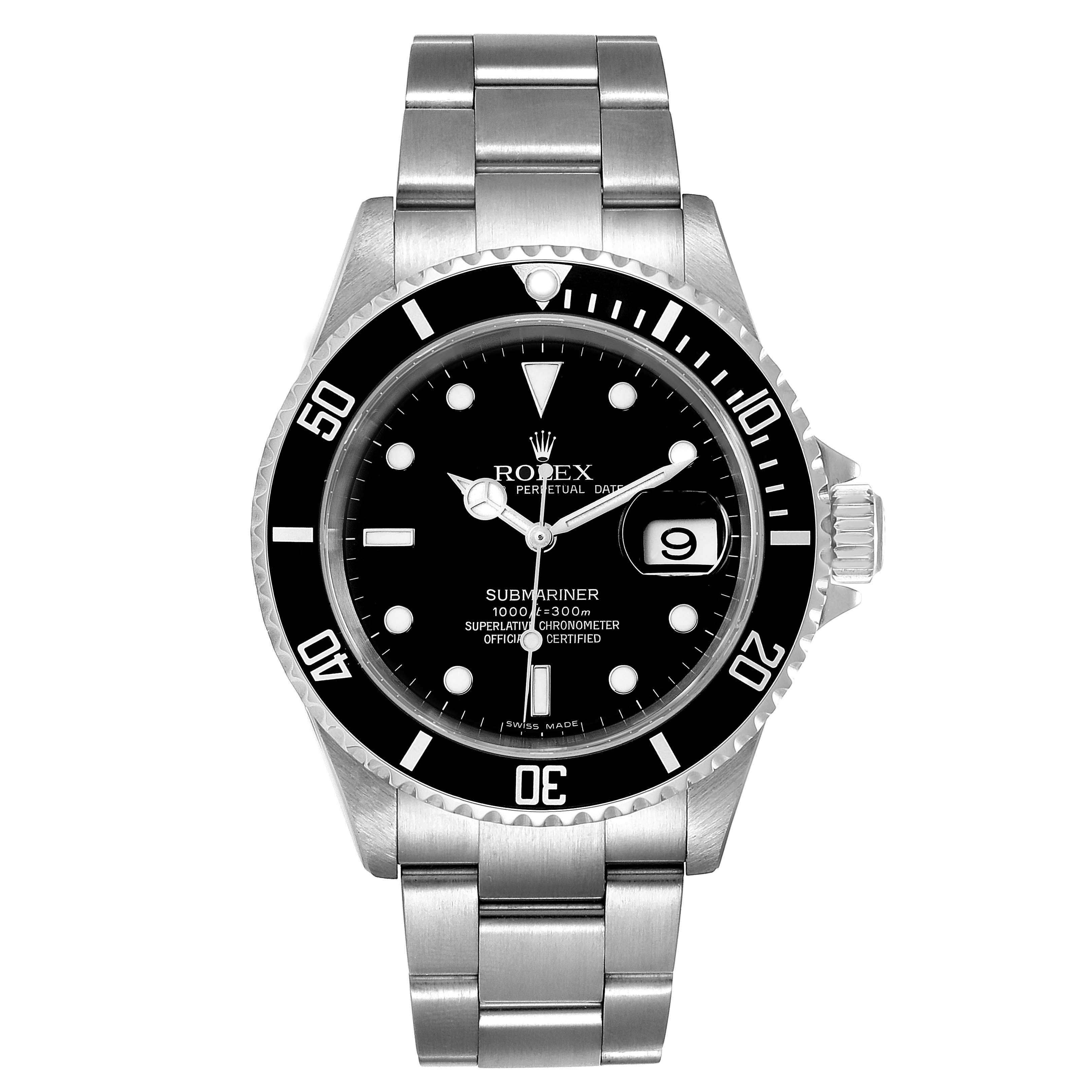 The image shows the front view of a Rolex Submariner 16610 Men
s Stainless Steel Black Dial 16610 Men
s Stainless Steel Black Dial, displaying its bracelet, bezel, dial, and date window.