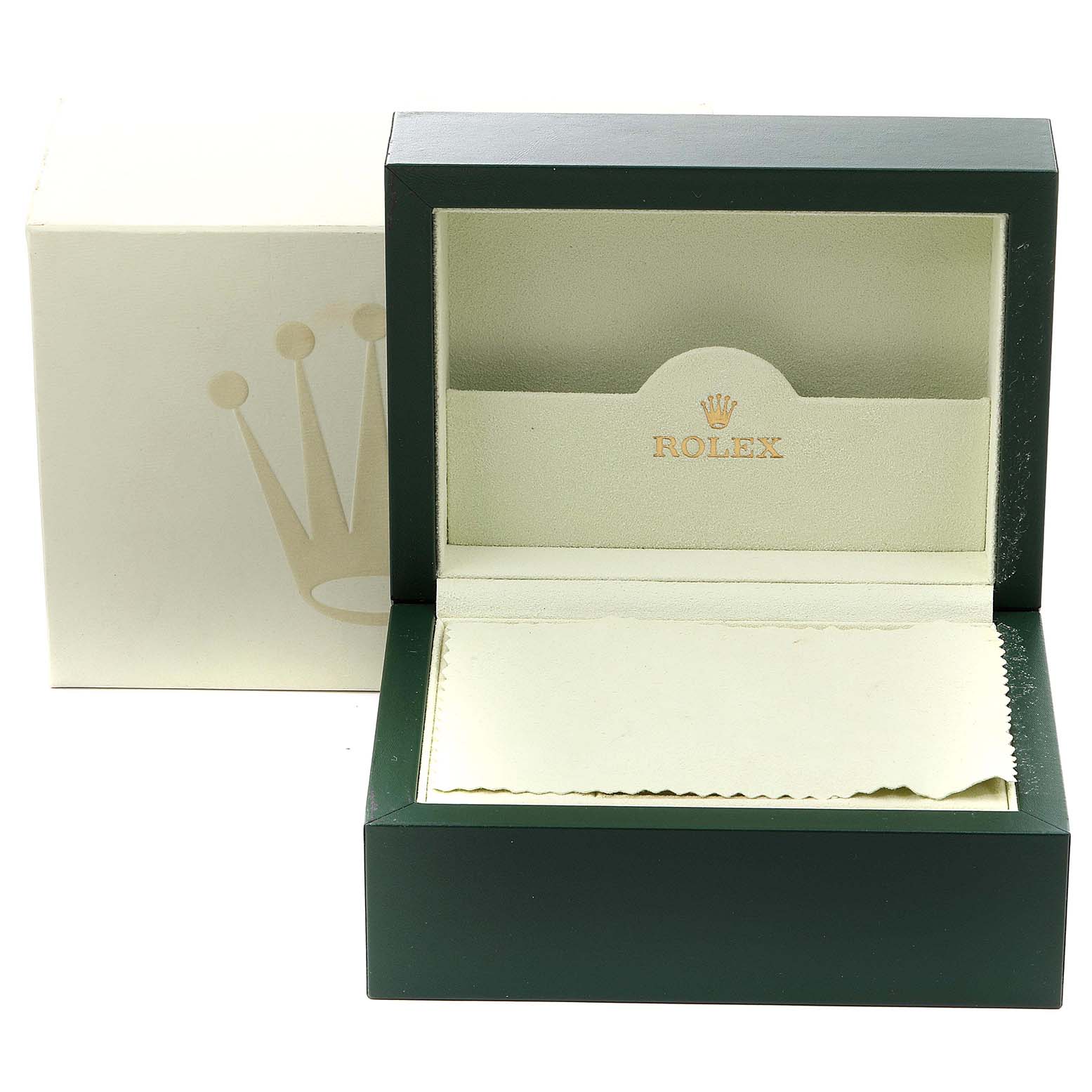 This image shows an open Rolex Submariner 16610 Men
s Stainless Steel Black Dial 16610 Men
s Stainless Steel Black Dial watch box in green with the lining and the Rolex logo, alongside its outer packaging.