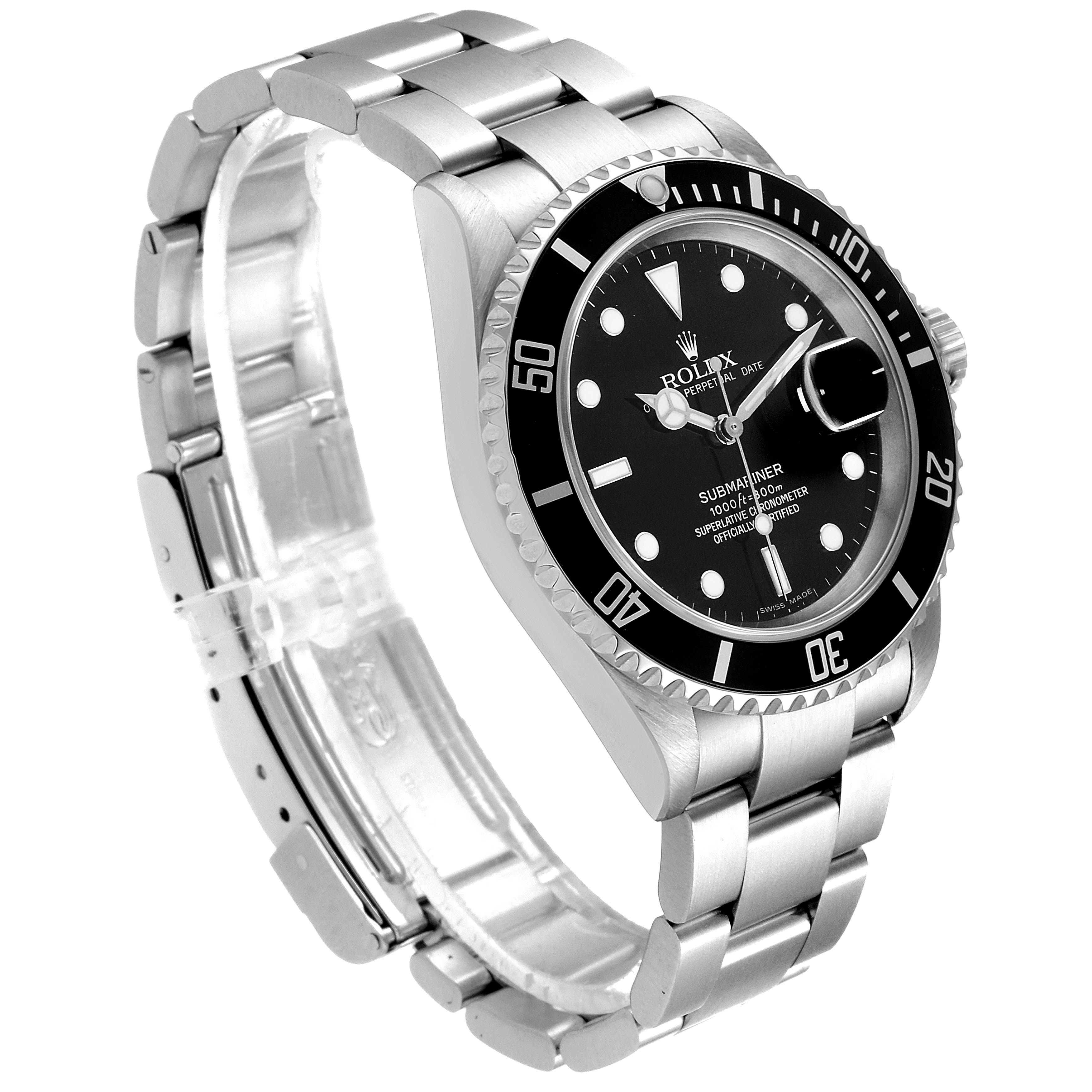 The image shows a side angle of a Rolex Submariner 16610 Men
s Stainless Steel Black Dial 16610 Men
s Stainless Steel Black Dial watch, highlighting the bezel, dial, case, and bracelet.