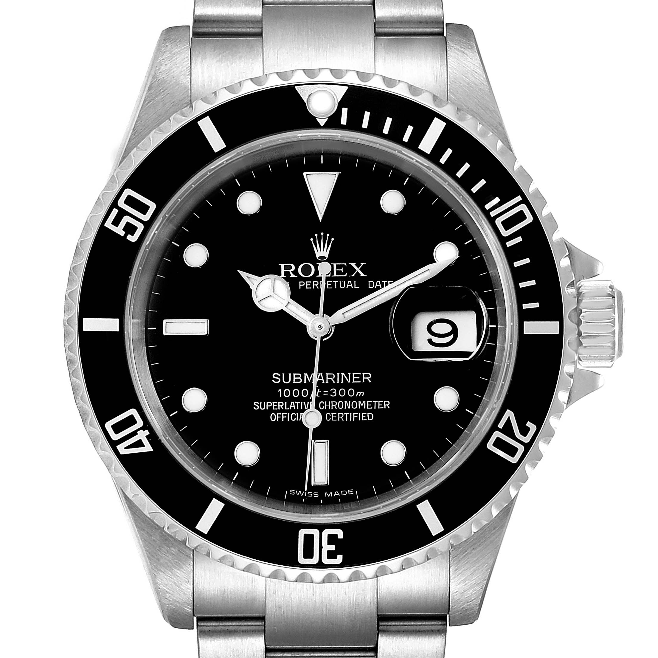 This image shows the front view of a Rolex Submariner 16610 Men
s Stainless Steel Black Dial 16610 Men
s Stainless Steel Black Dial watch, highlighting its dial, bezel, and bracelet.