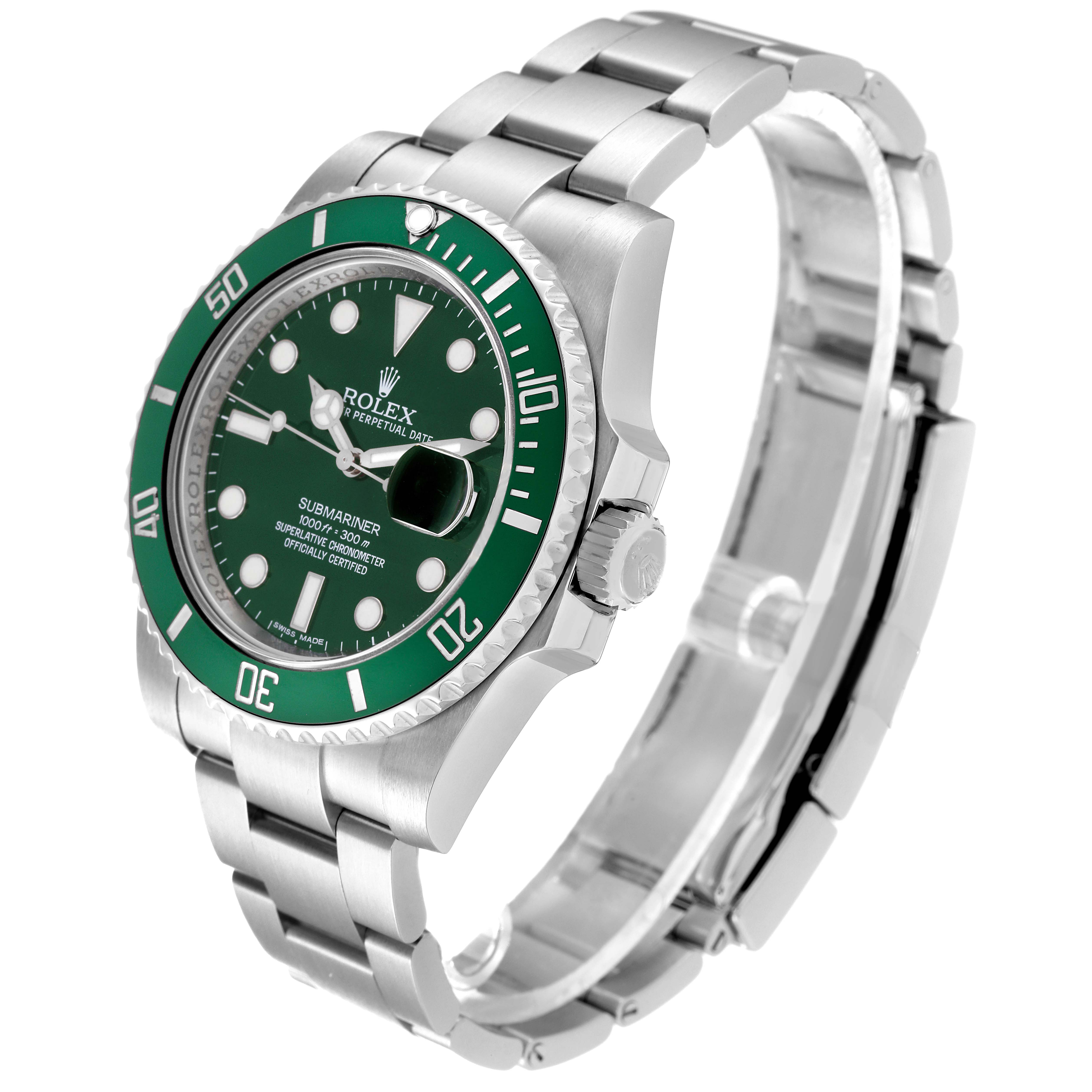 The image shows a Rolex Submariner 116610LV Men's Stainless Steel Green Dial 116610LV Men's Stainless Steel Green Dial watch at a three-quarter angle, highlighting its green bezel, dial, and stainless steel bracelet.