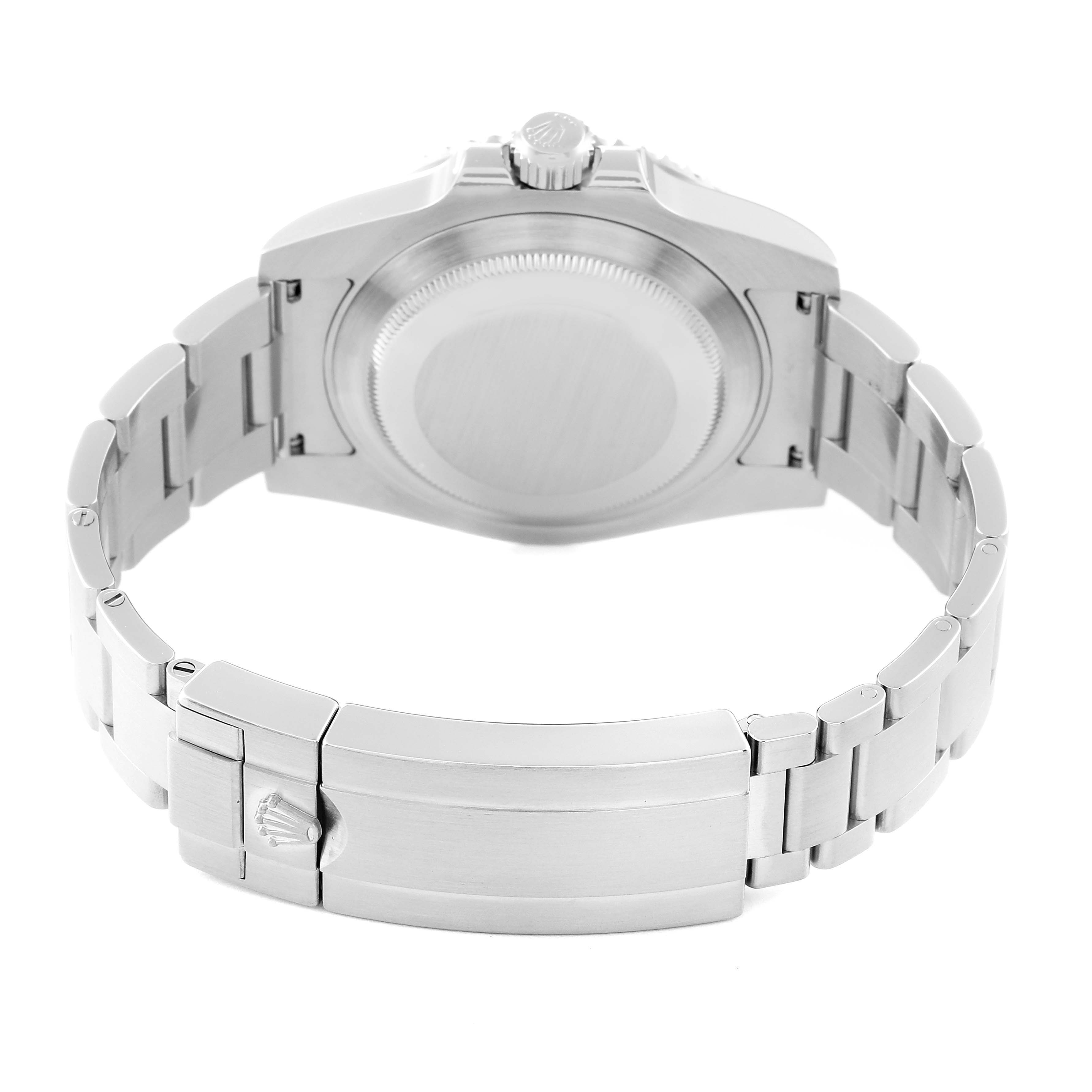 This image shows the back case and metal bracelet of the Rolex Submariner 116610LV Men's Stainless Steel Green Dial 116610LV Men's Stainless Steel Green Dial watch, viewed from the back.