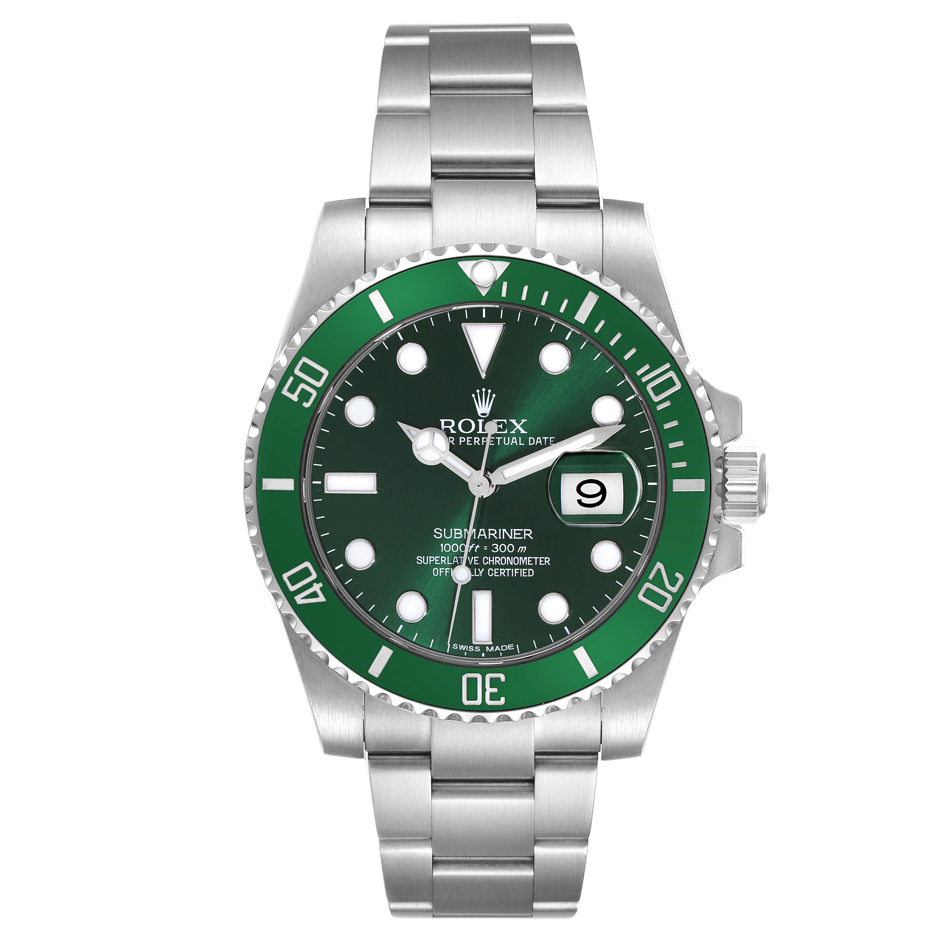 This is a front view of a Rolex Submariner 116610LV Men's Stainless Steel Green Dial 116610LV Men's Stainless Steel Green Dial watch, showcasing the green bezel, dial, date window, and stainless steel bracelet.