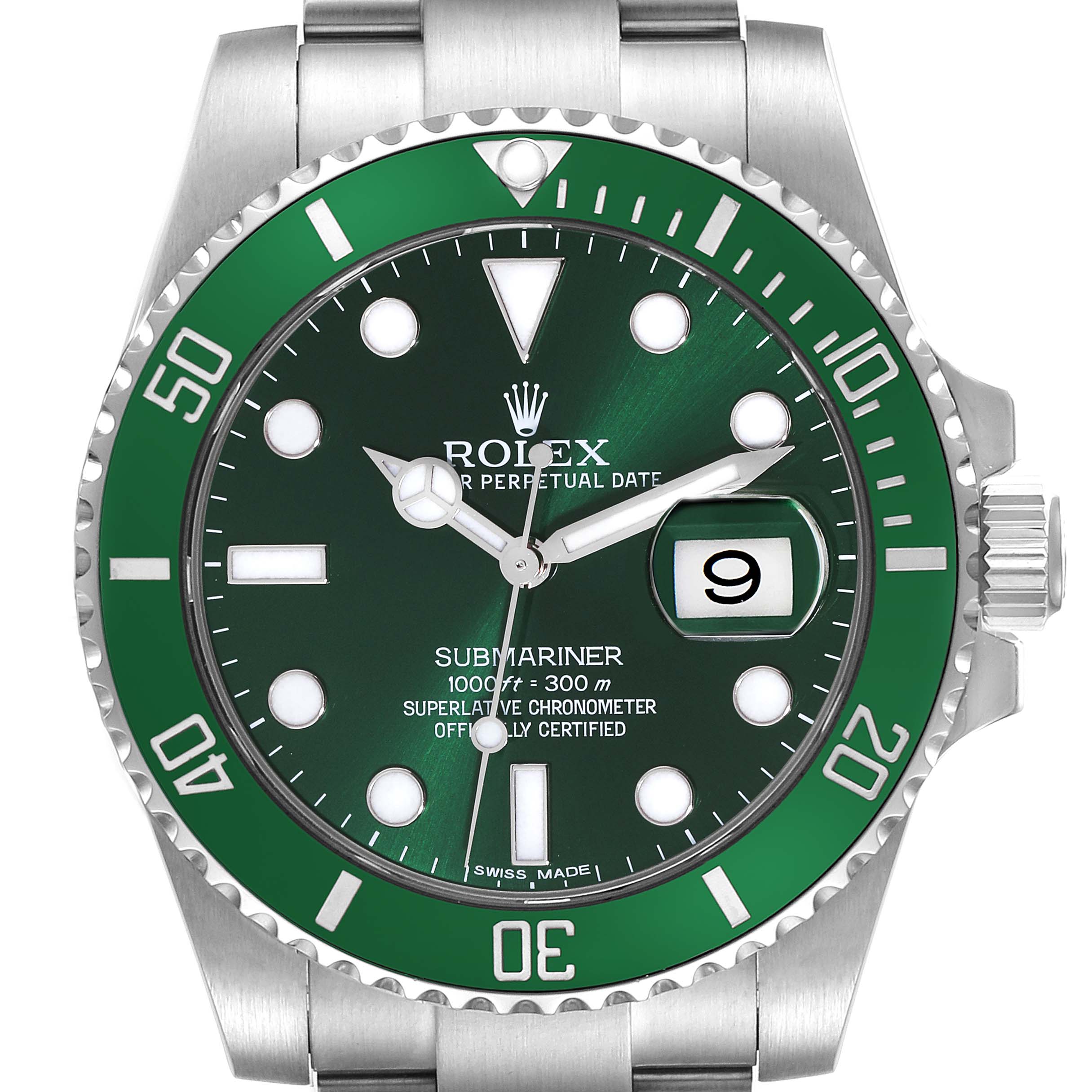 The image shows a Rolex Submariner 116610LV Men's Stainless Steel Green Dial 116610LV Men's Stainless Steel Green Dial watch from a front angle, highlighting its green bezel, dial, and date window.