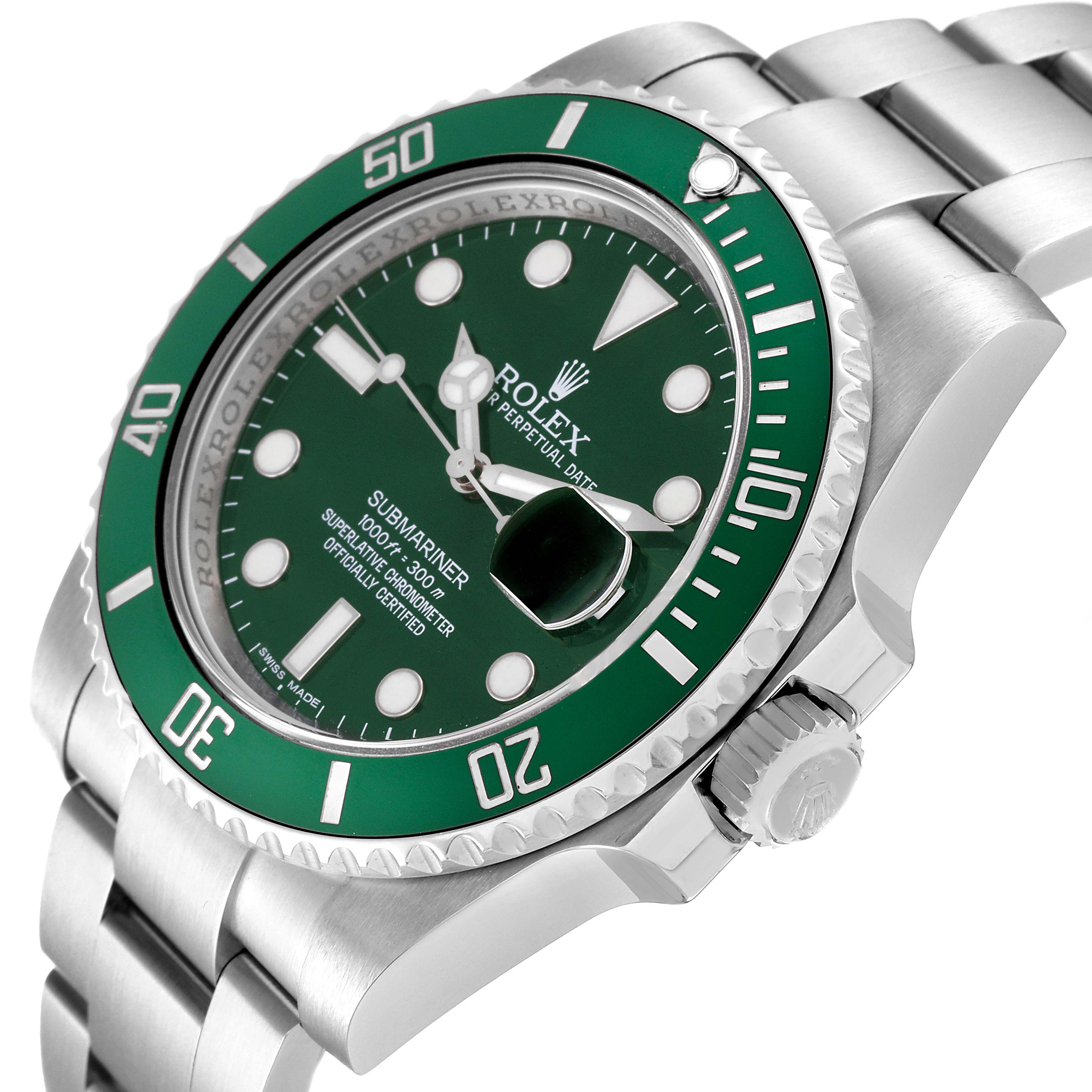 The image shows a close-up angle of a Rolex Submariner 116610LV Men's Stainless Steel Green Dial 116610LV Men's Stainless Steel Green Dial watch, highlighting its green bezel, dial, crown, and bracelet.
