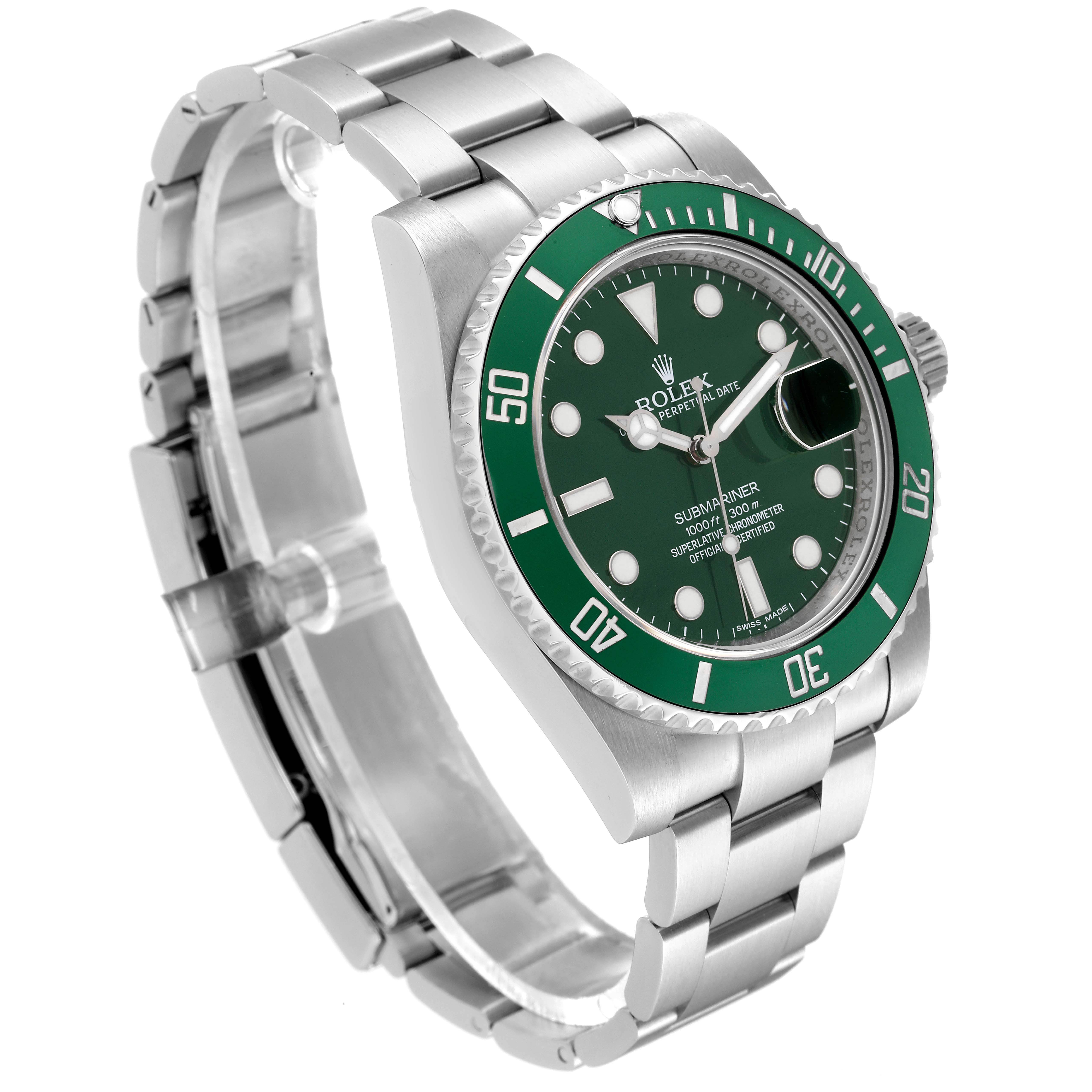 The image shows a side profile and angled top view of a Rolex Submariner 116610LV Men's Stainless Steel Green Dial 116610LV Men's Stainless Steel Green Dial watch, highlighting the green bezel, dial, and metal strap.