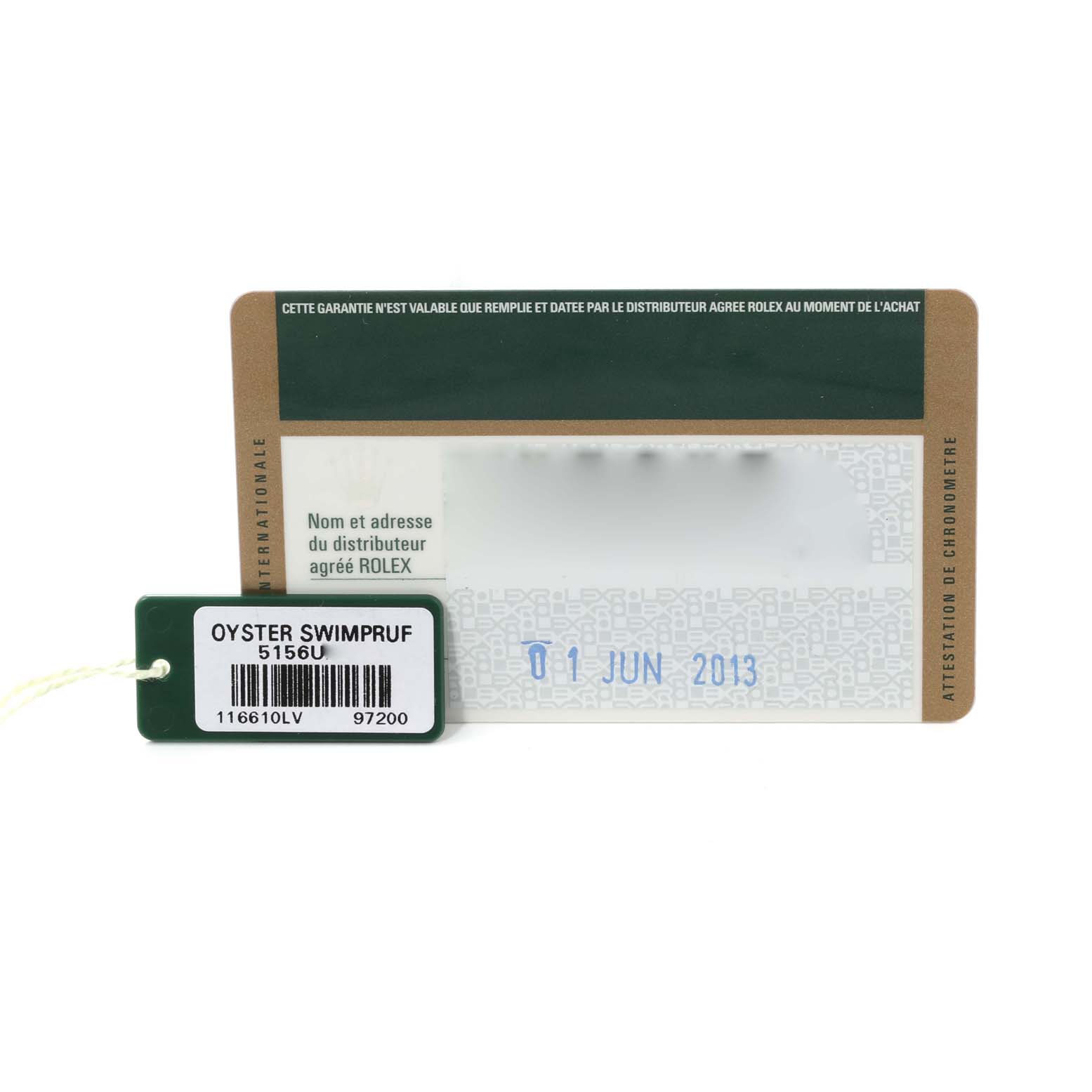 The image shows an Oyster Swimpruf tag and warranty card for a Rolex Submariner 116610LV Men's Stainless Steel Green Dial 116610LV Men's Stainless Steel Green Dial watch, model 116610LV.
