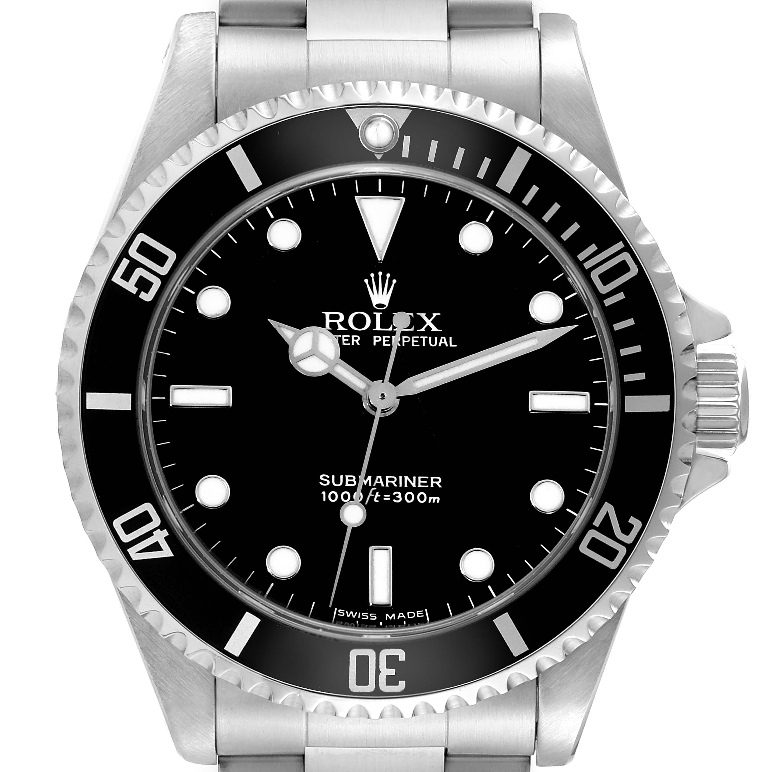 This image shows a frontal view of a Rolex Submariner 14060 Men
s Stainless Steel Black Dial 14060 Men
s Stainless Steel Black Dial watch, displaying the bezel, dial, hands, and bracelet.